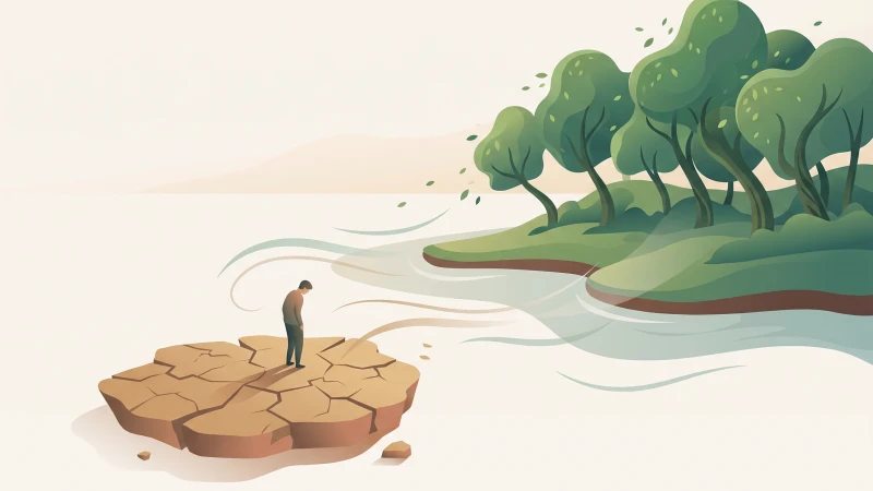 Ilustração: pessoa isolada em ilha, representando dificuldade em se conectar com os outros.