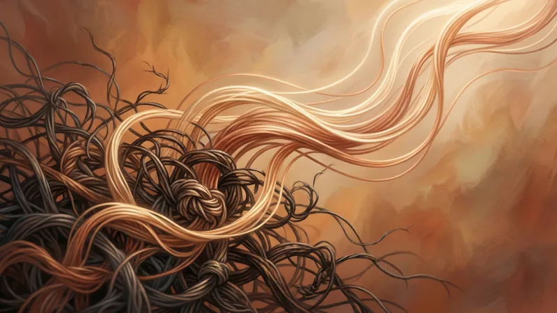 Ilustração: Fios emaranhados representando autossabotagem e clareza.