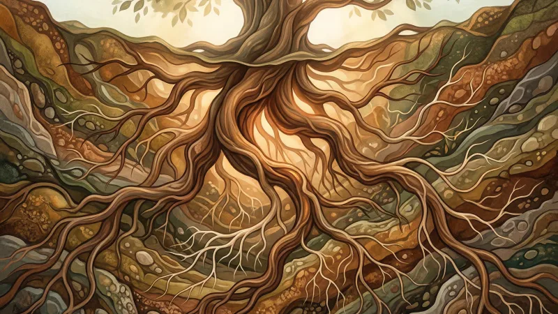 Ilustração: Raízes fortes que representam a importância do autoconhecimento