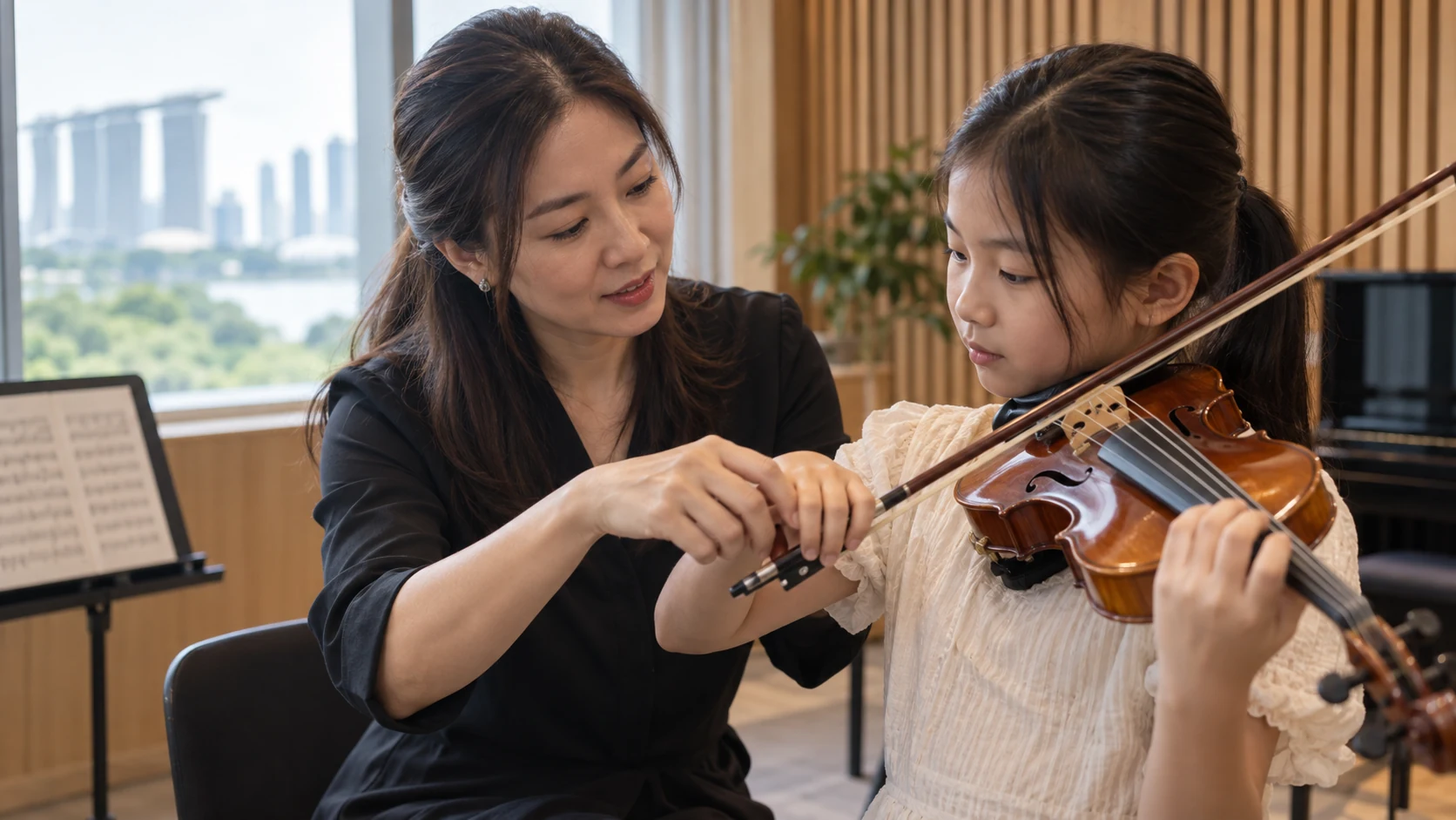 Teacher correcting a child's violin posture and bow grip