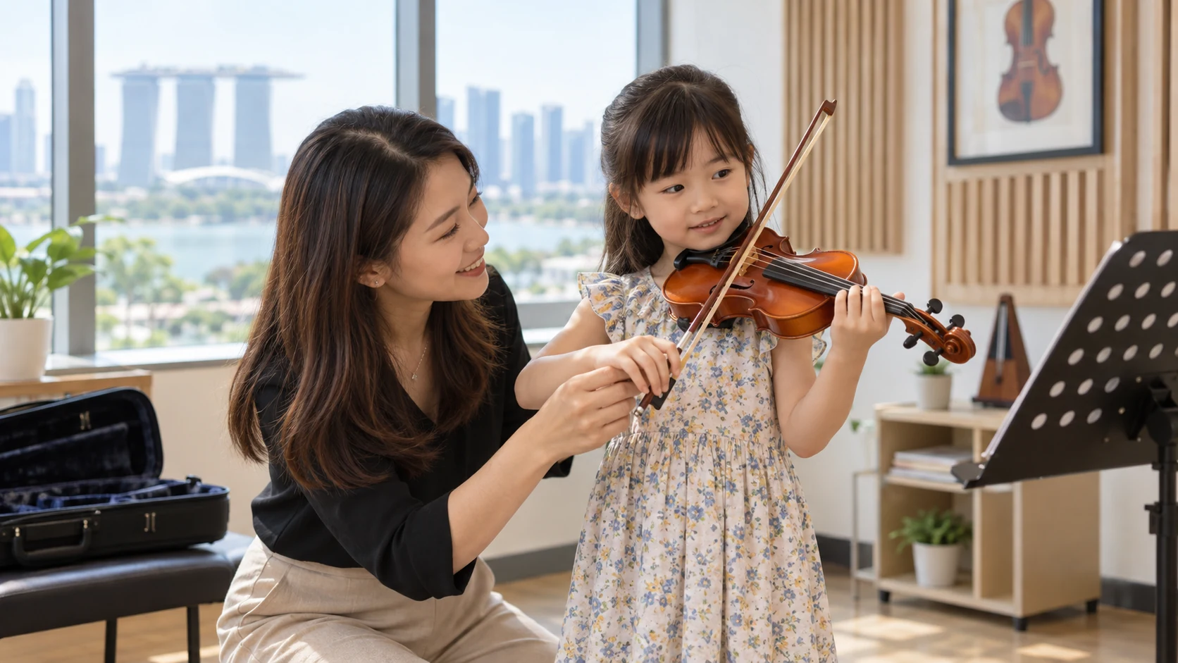 Young child learning violin with a teacher in Singapore