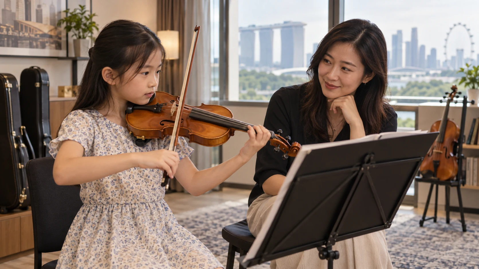 Child having a trial violin lesson with a teacher