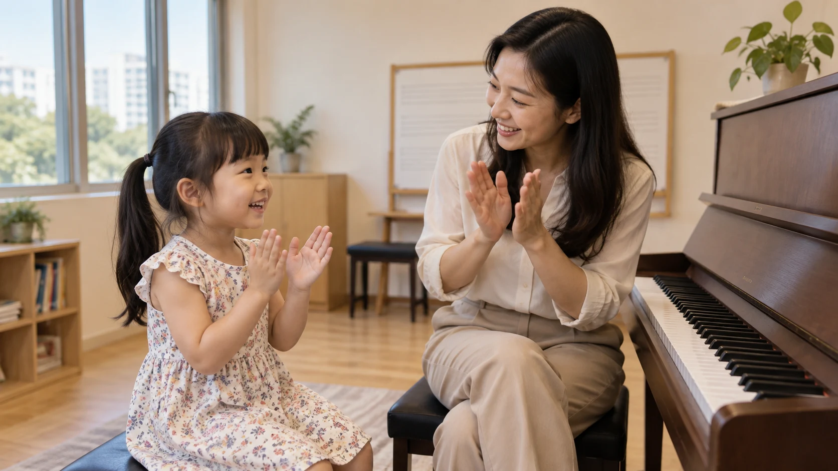 Young child following a rhythm game with a music teacher