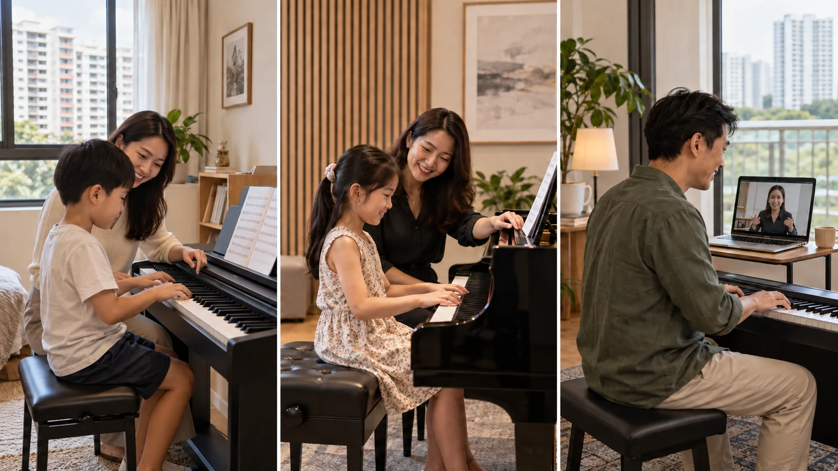 Three piano lesson formats: home, studio and online