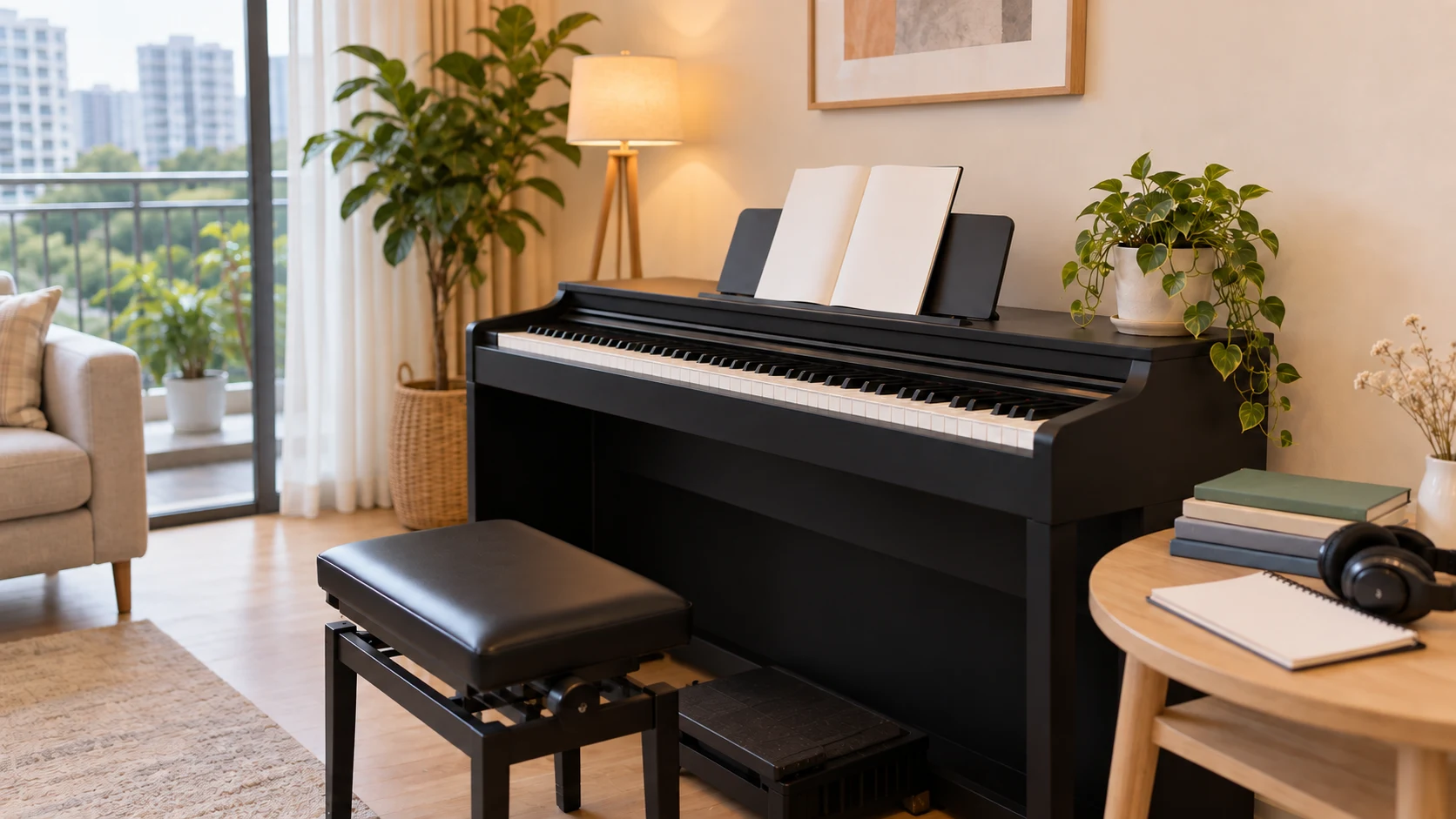 Beginner digital piano, bench and music-learning materials