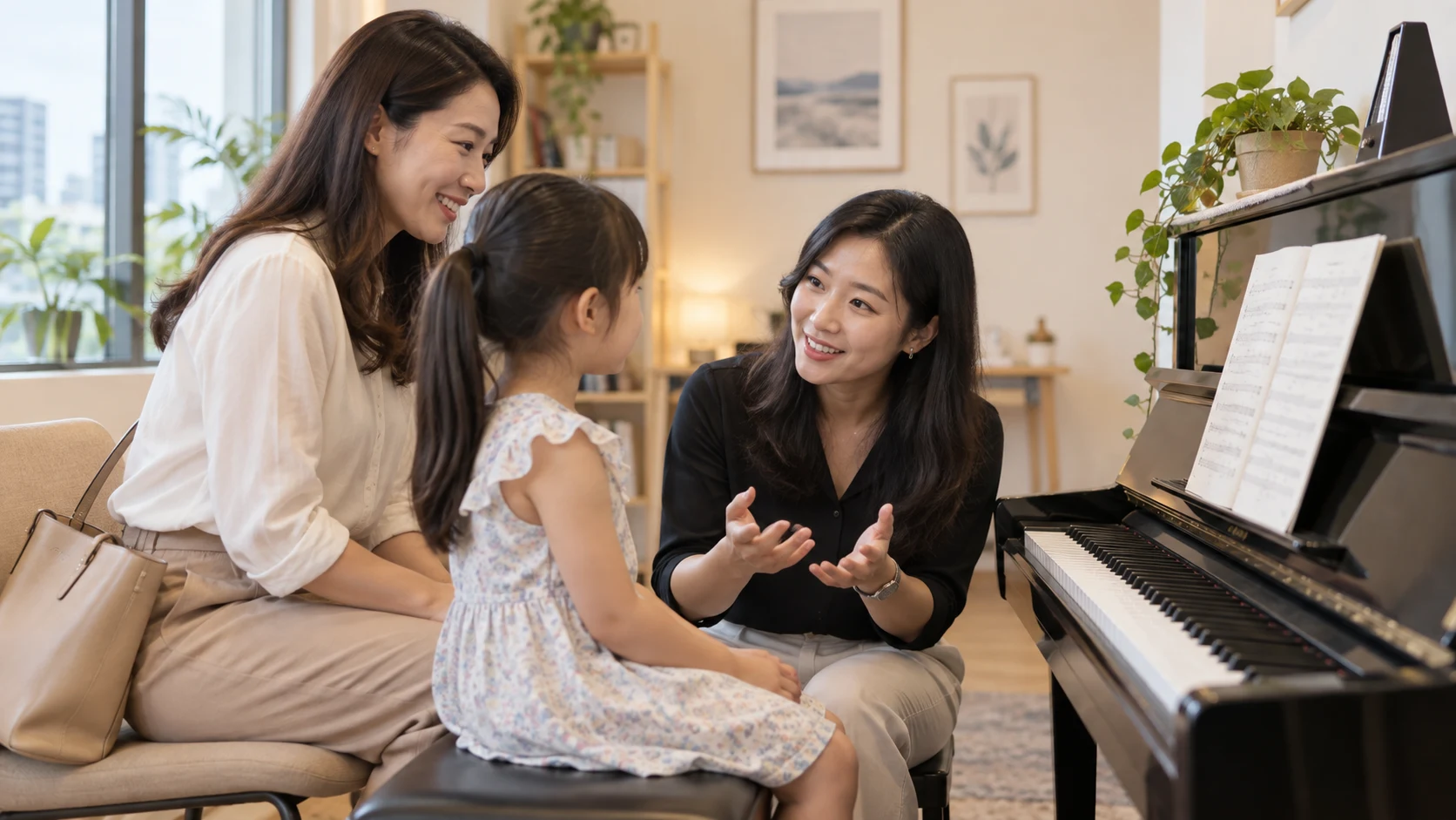 Family meeting a piano teacher before arranging lessons
