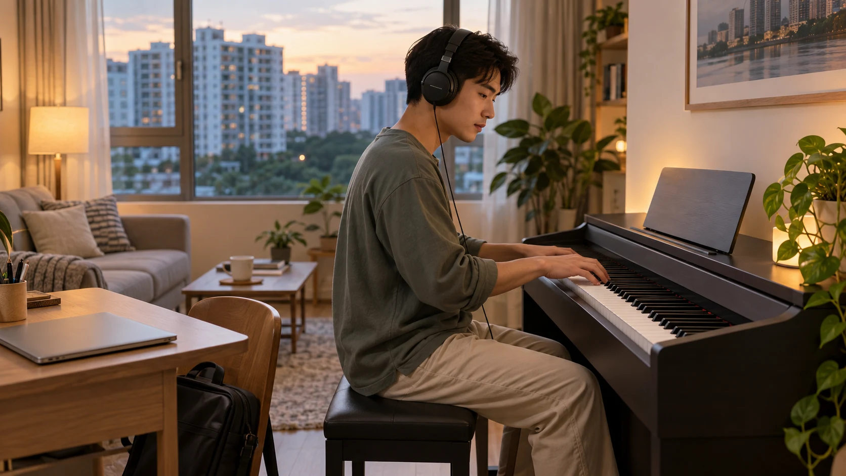 Adult fitting piano practice into an evening at home