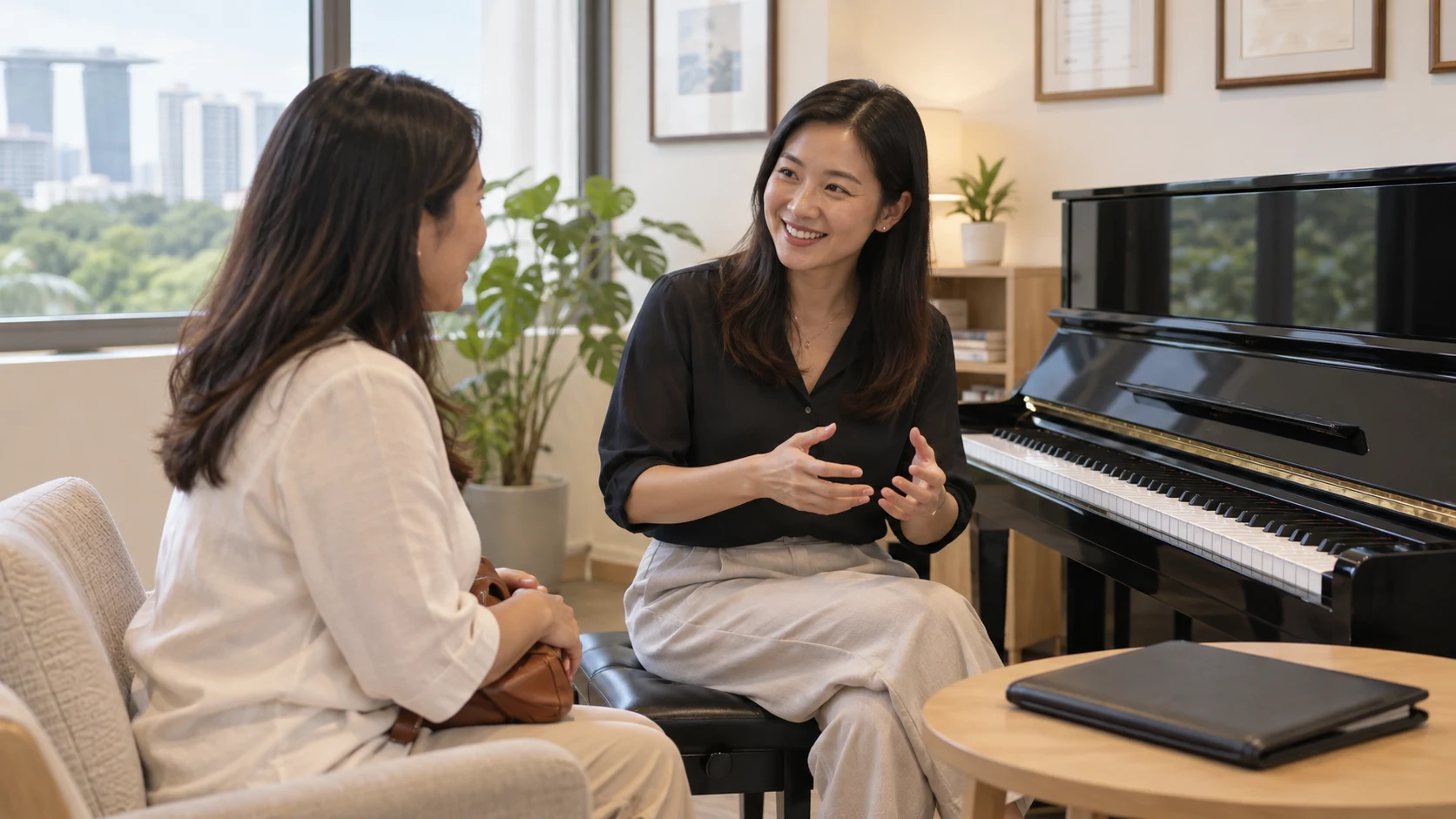 Piano instructor discussing teaching experience with a parent
