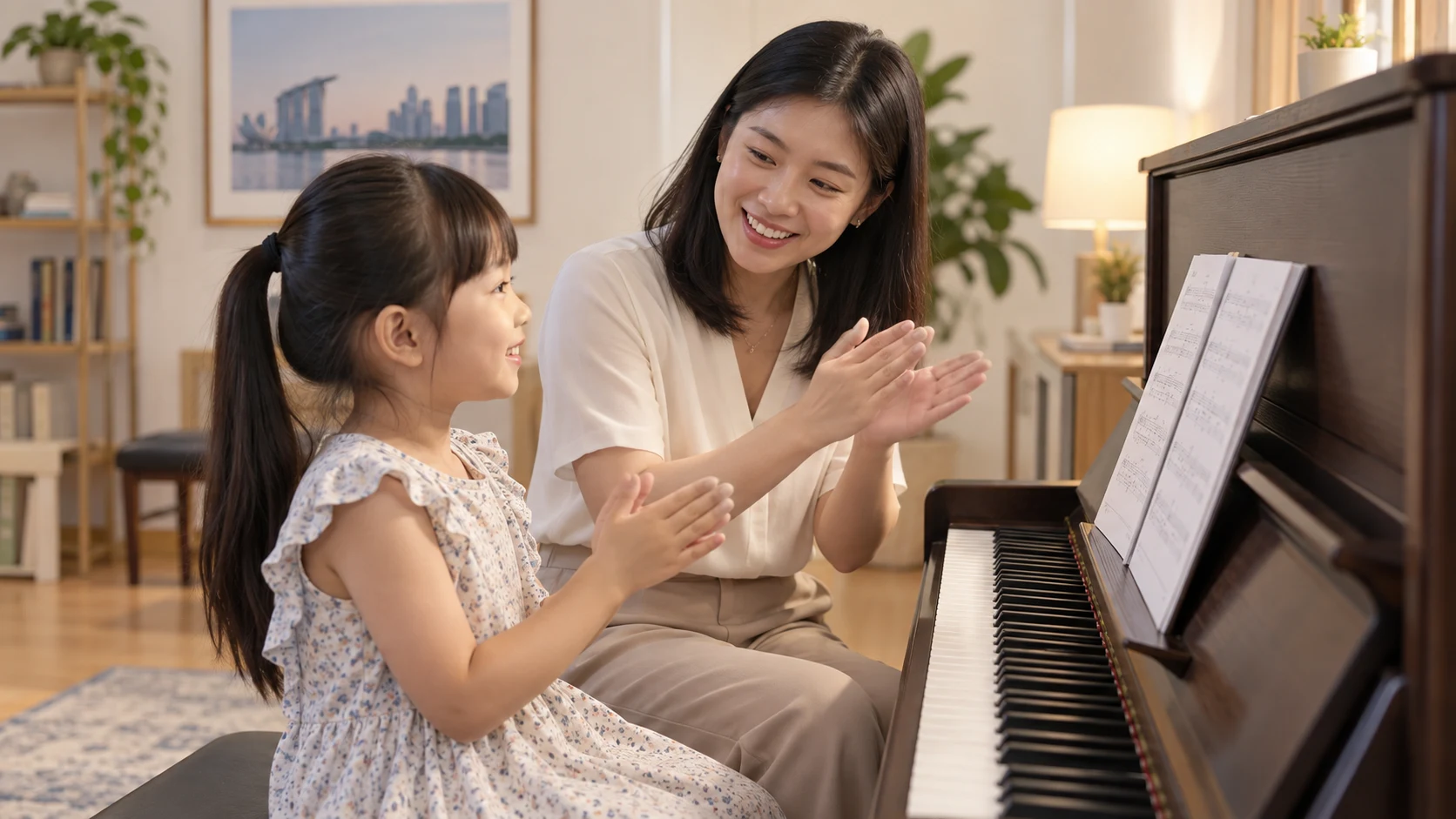 Patient piano teacher explaining a rhythm to a young learner