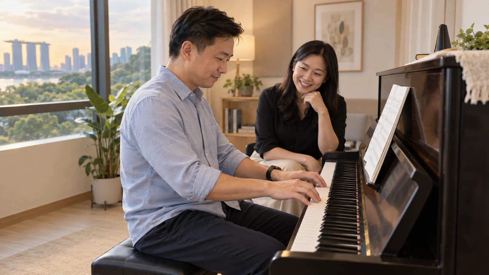 Adult beginner learning piano with an encouraging instructor