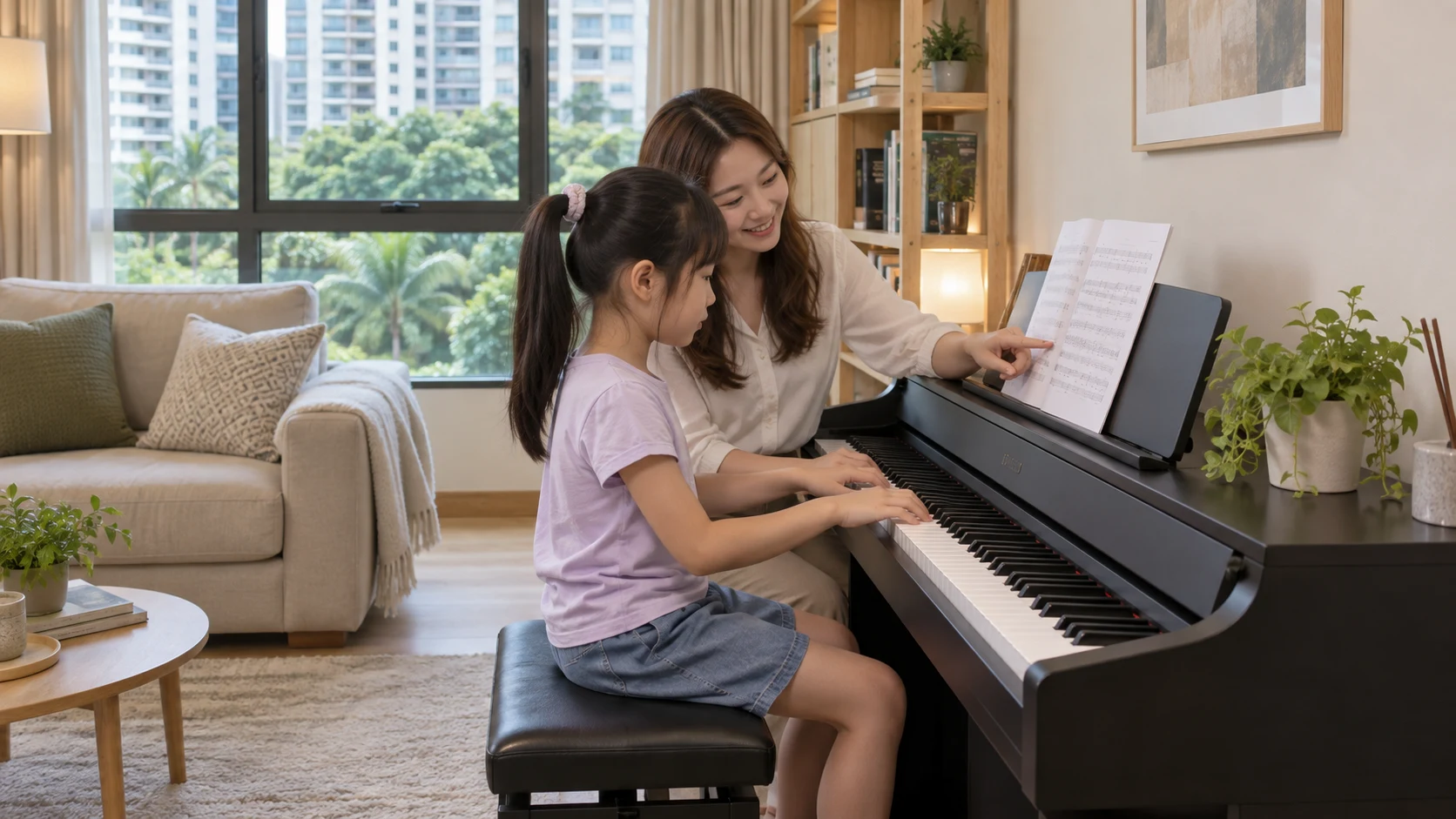 Compact digital piano learning space in a Singapore apartment