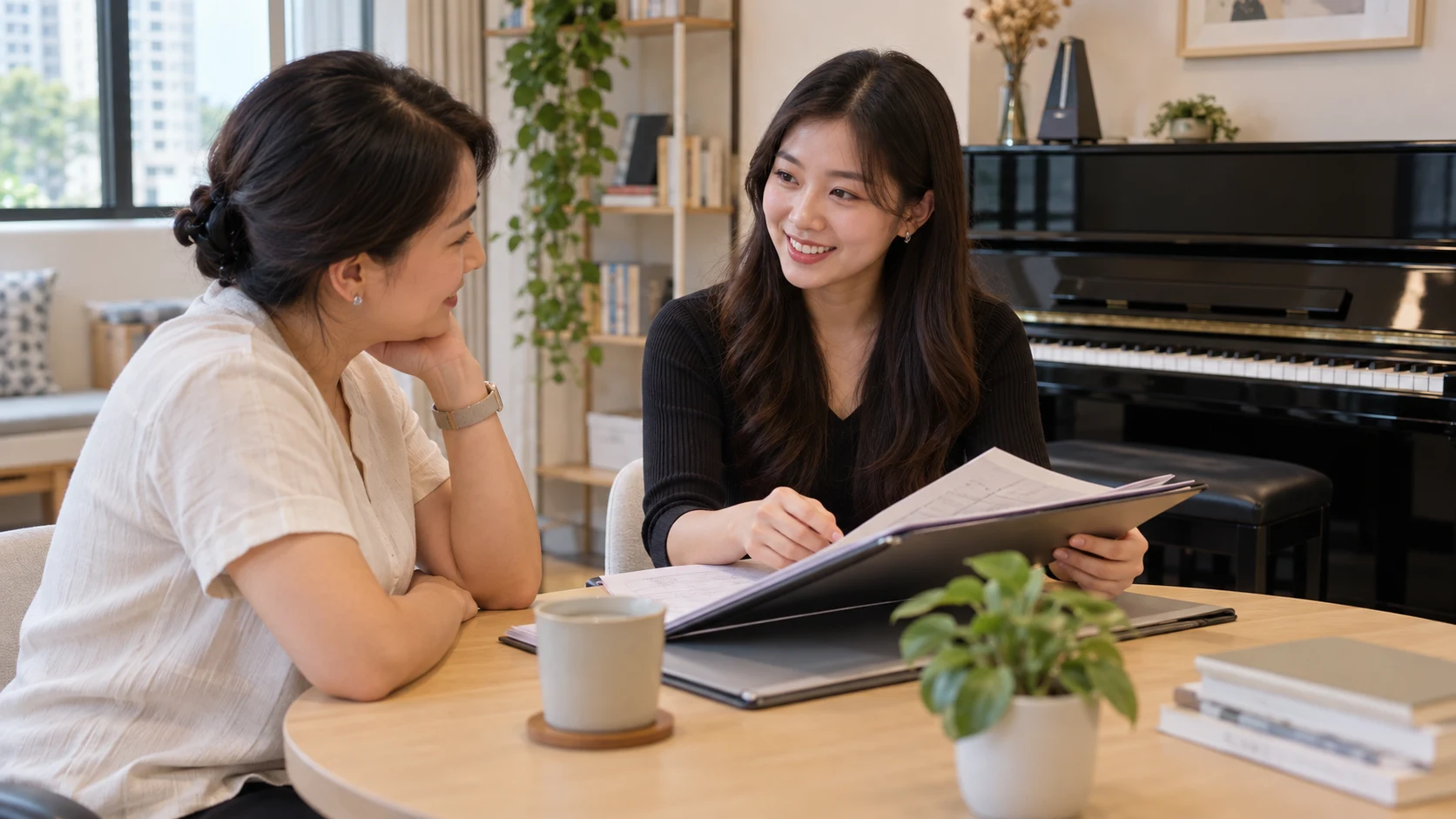 Parent reviewing a piano teacher's training portfolio
