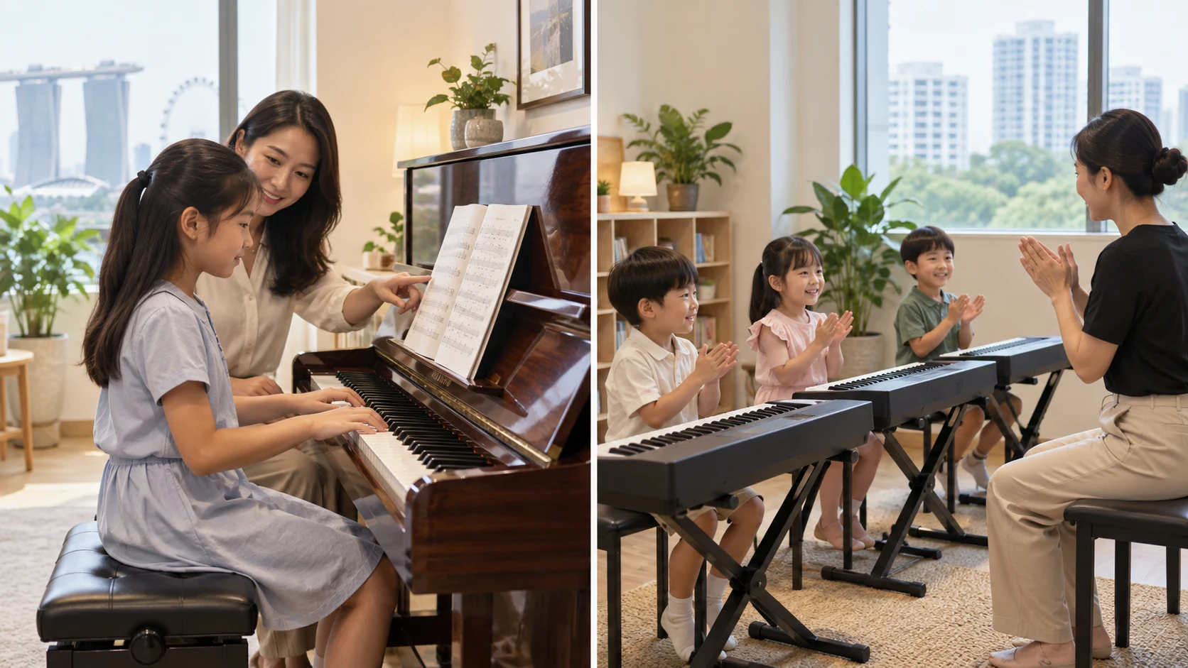 A focused private piano lesson and a playful group rhythm class