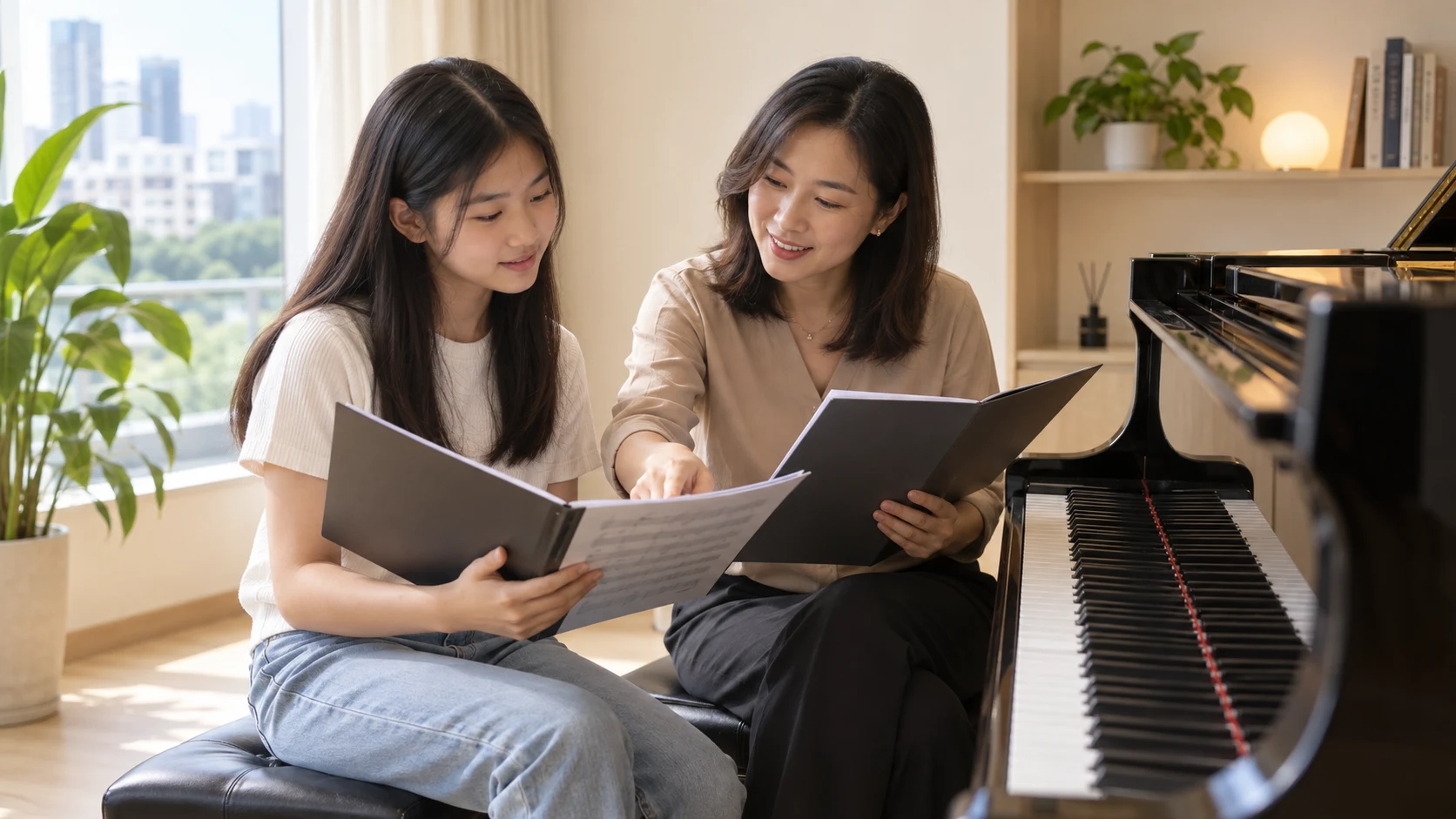 Piano teacher and student reviewing repertoire options