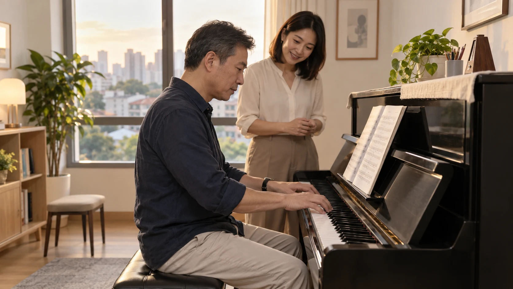 Returning adult pianist playing for a teacher during an assessment