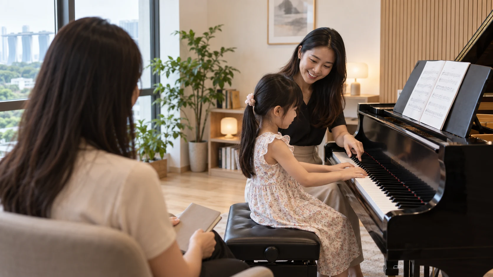 Child trying a piano lesson while a parent observes the teacher