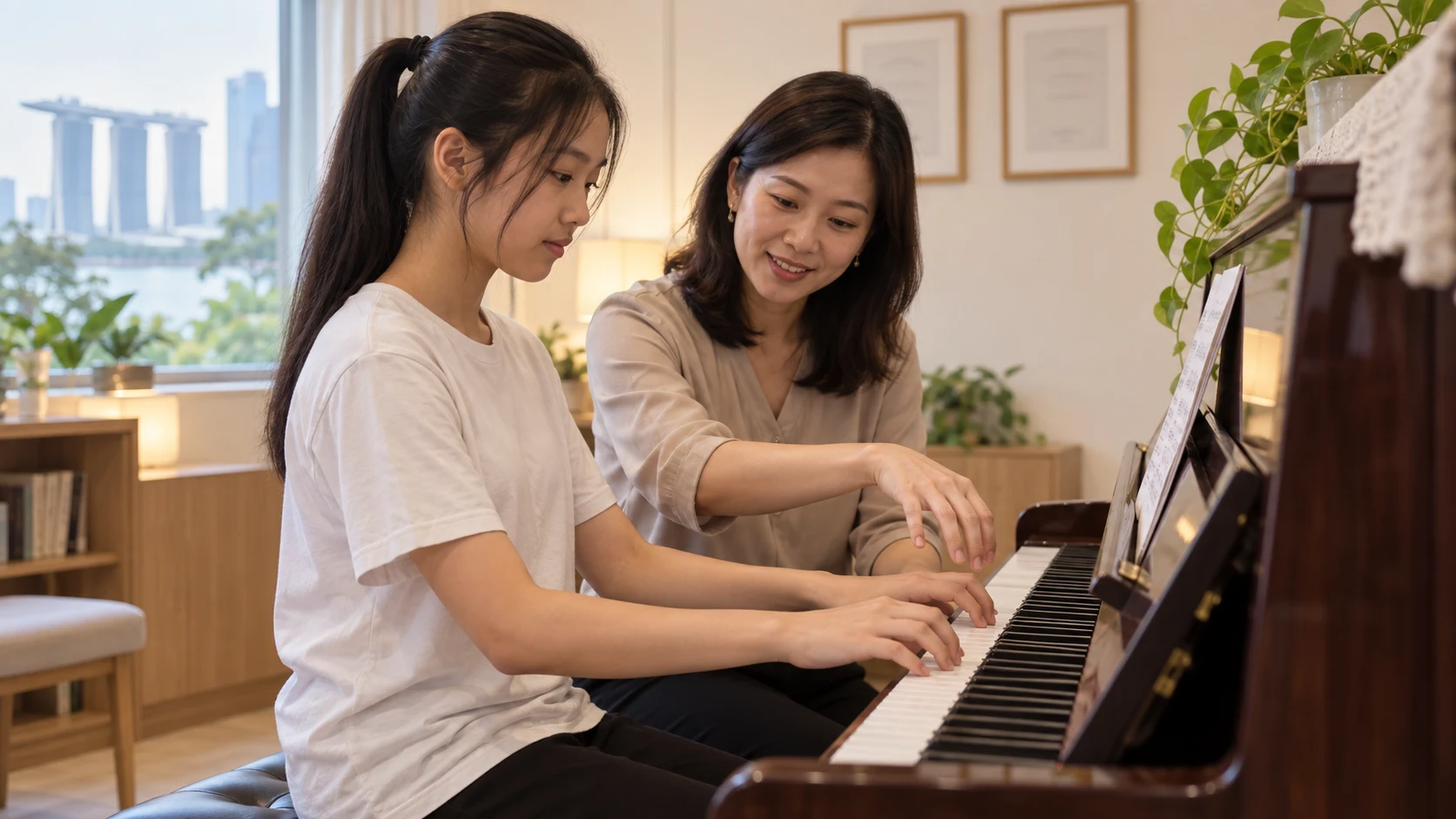 Experienced piano teacher demonstrating technique to a student