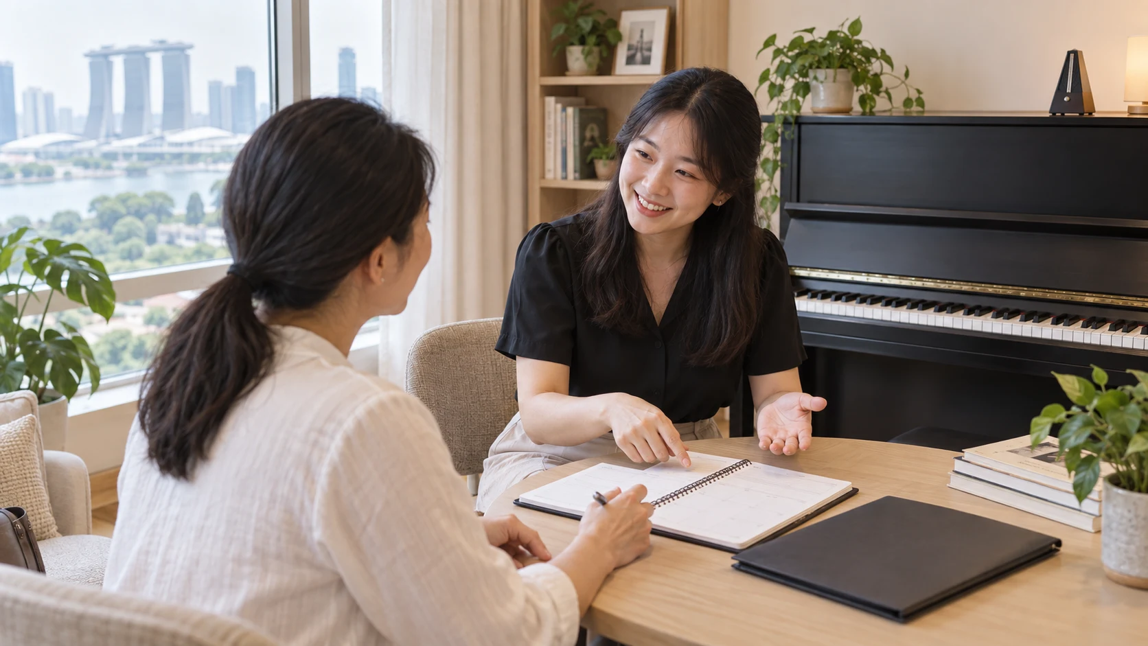 Parent and piano teacher reviewing lesson arrangements
