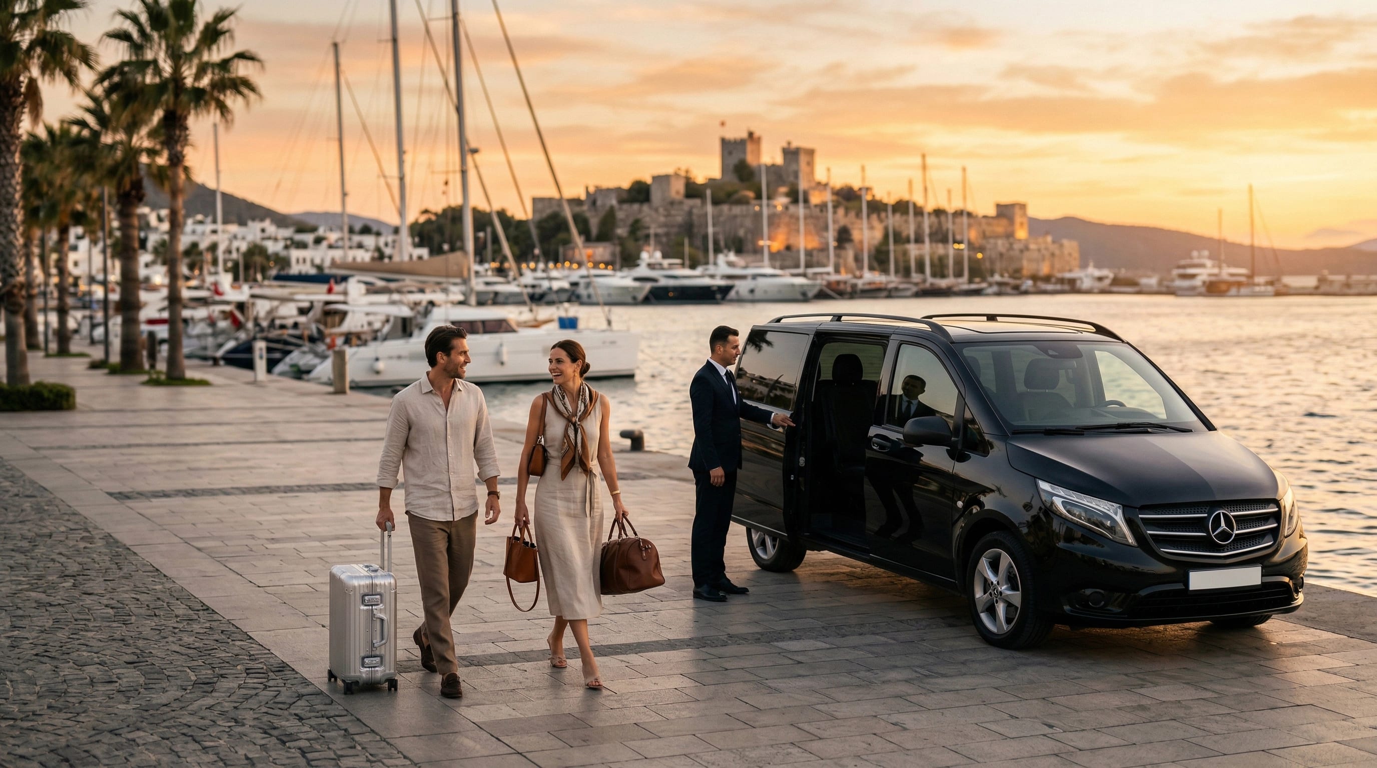 Private transfer from Bodrum Airport BJV to Bodrum Center with luxury VIP vehicle