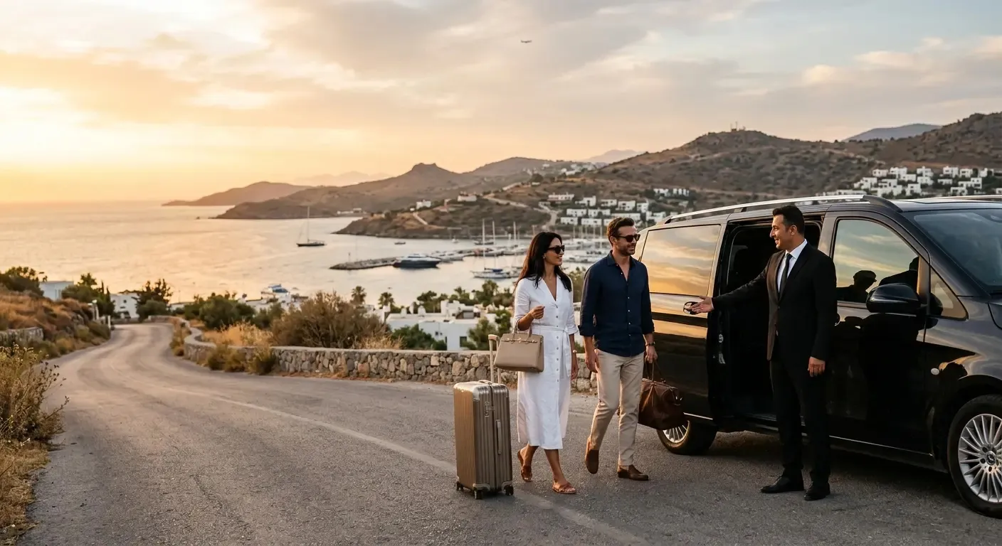 Bodrum Airport to Turgutreis private transfer luxury vehicle with chauffeur and coastal sunset view