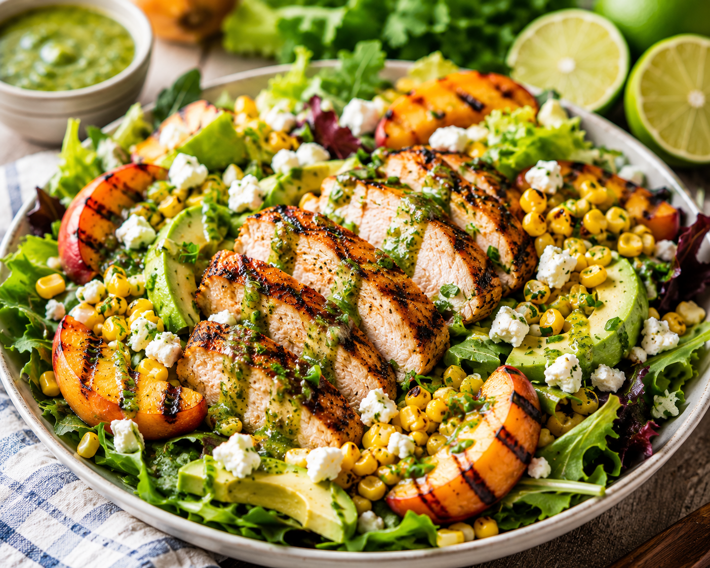 Grilled Chicken Breasts with Grilled Peach, Corn and Avocado Salad