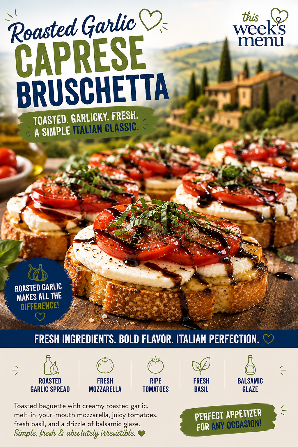 Tuscan Roasted Garlic Caprese Bruschetta