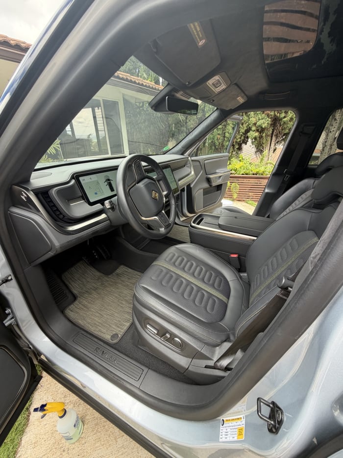 Rivian R1T driver seat and dash after an interior detail