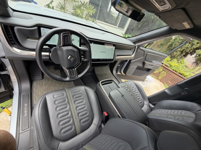 Rivian R1T front cabin cleaned, dash and seats spotless