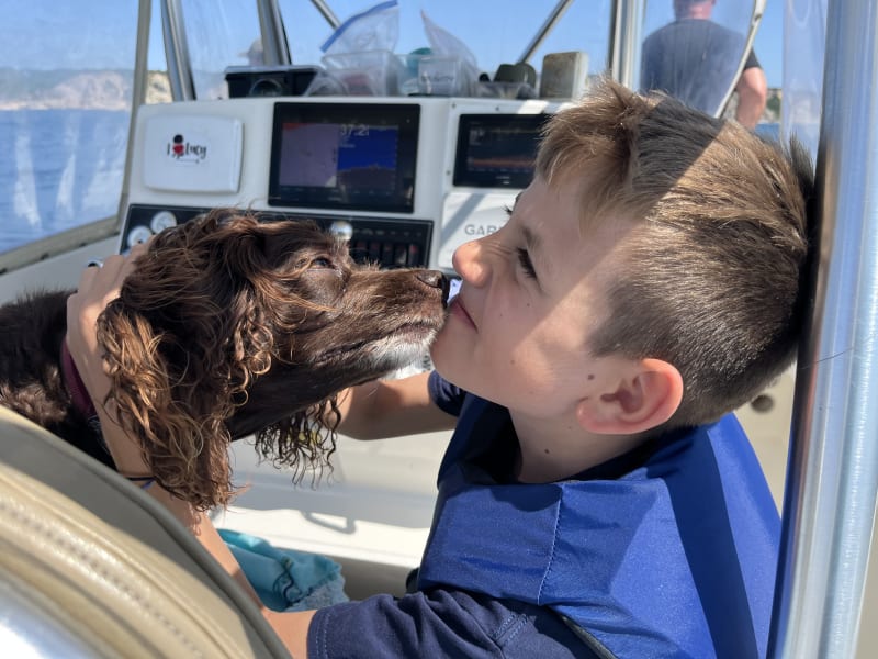 A boy and Lucy the Boykin Spaniel at the helm of the Hula Dog