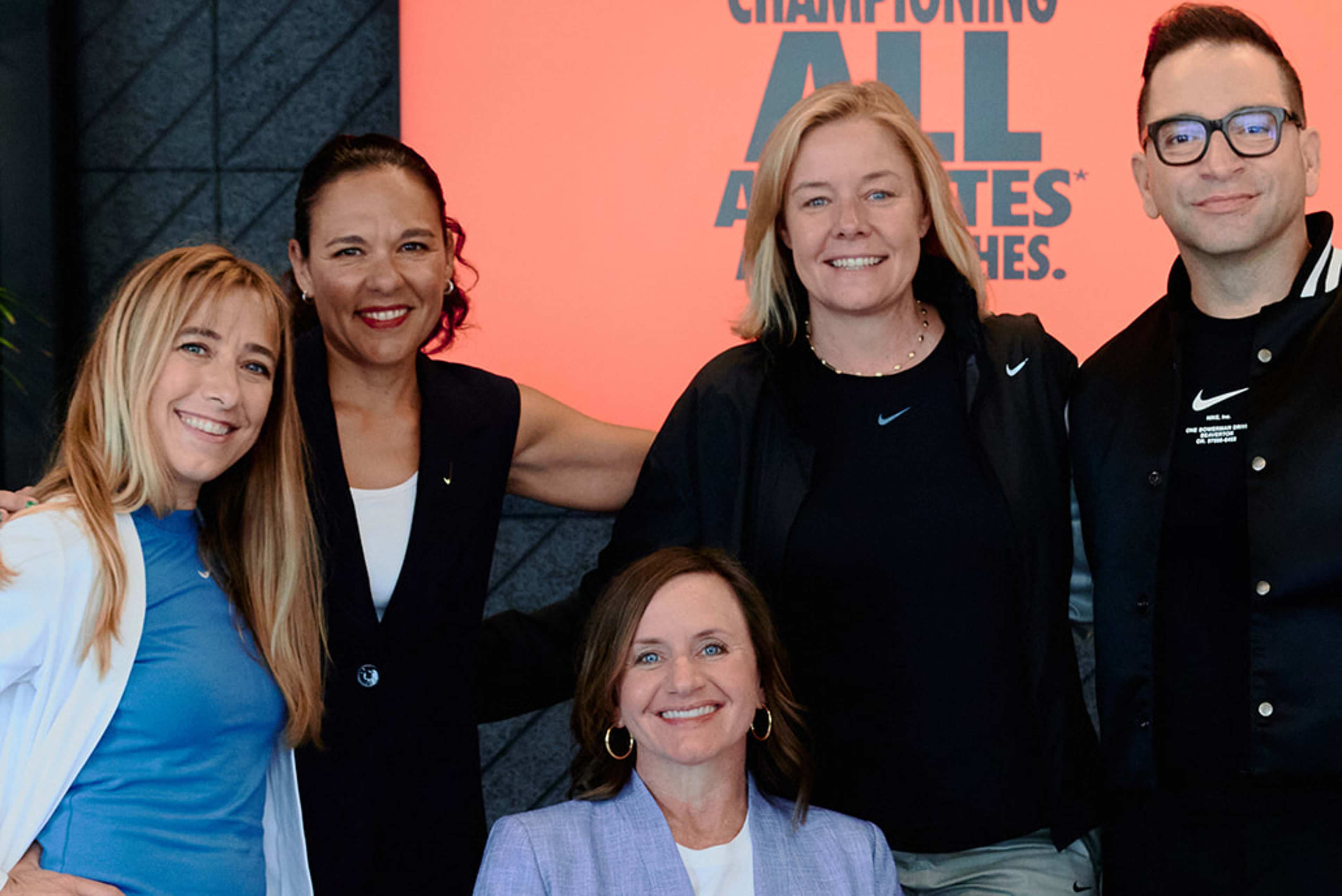 Nike and the USOPC announced their GameOn program at an event in Paris. From left to right, Sarah Reinertsen, Paralympian and Nike Lead Professional, Sports Marketing; Vanessa Garcia-Brito, Nike Chief Impact Officer; Sarah Hirshland, CEO, U.S. Olympic & Paralympic Committee; James Loduca, Nike Vice President, Diversity, Equity, Inclusion; seated is Dr. Cheri Blauwet, Paralympian and Sports Medicine Physician, Professor at Harvard Medical School, and Chief Medical Officer of Spaulding Rehabilitation/Mass General Brigham.