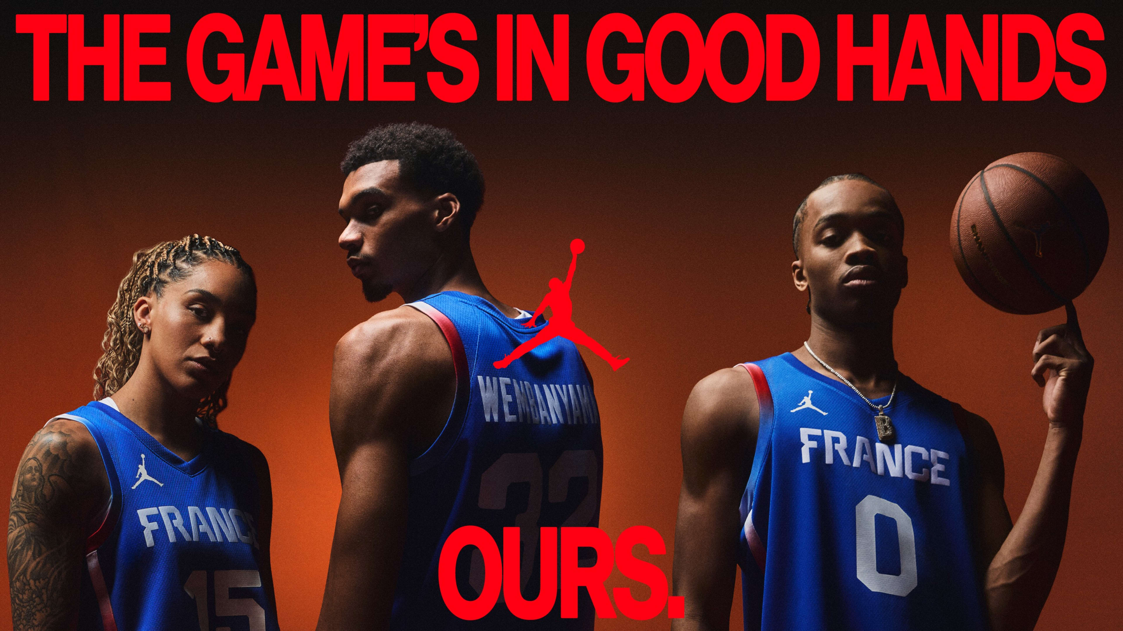 Three basketball athletes wearing blue Air Jordan jerseys face the camera at various angles with serious expressions.  A caption in red font reads, "The game's in good hands. Ours." The Air Jordan logo is in the center.