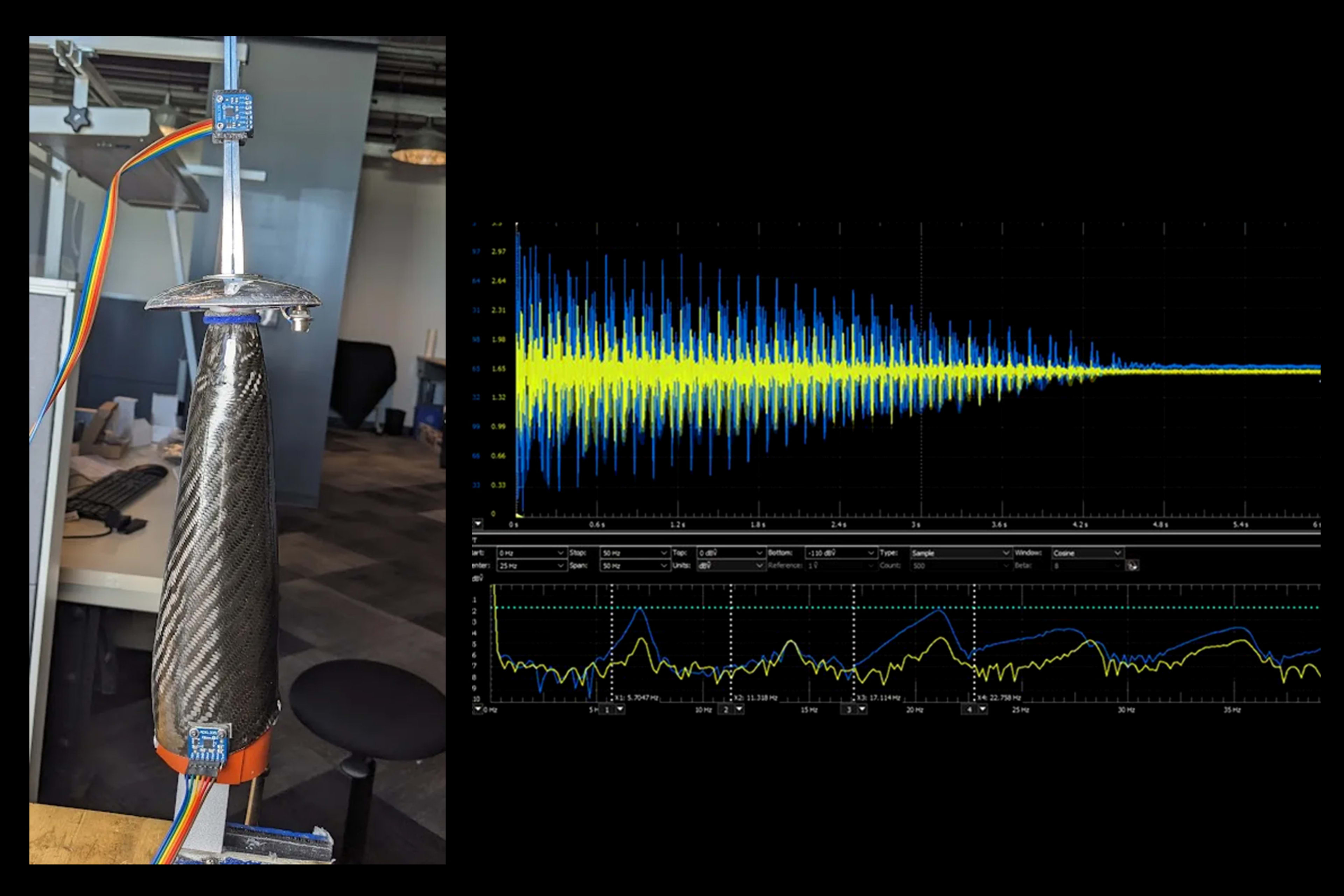 Side by side photos showcasing research on Bebe Vio's prosthetic. One the left side, the prosthetic is mounted in a vertical stand with accelerometers attached top and bottom. One the right, blue and yellow graphical data shows the intensity of traveling vibrations.