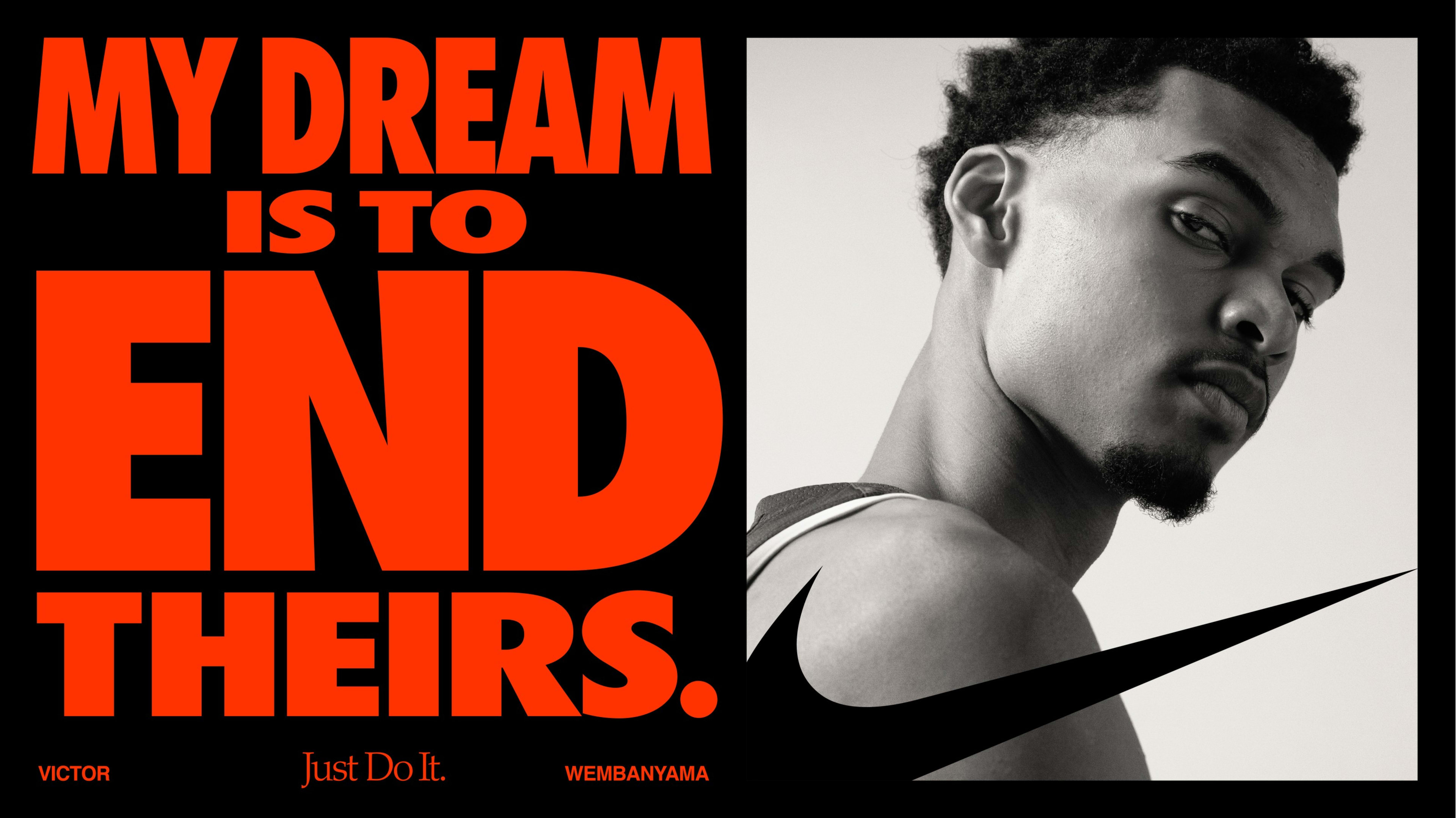 Black Nike campaign card featuring black and white photo of Victor Wembanyama with the caption, "My dream is to end theirs," in scarlet red text.