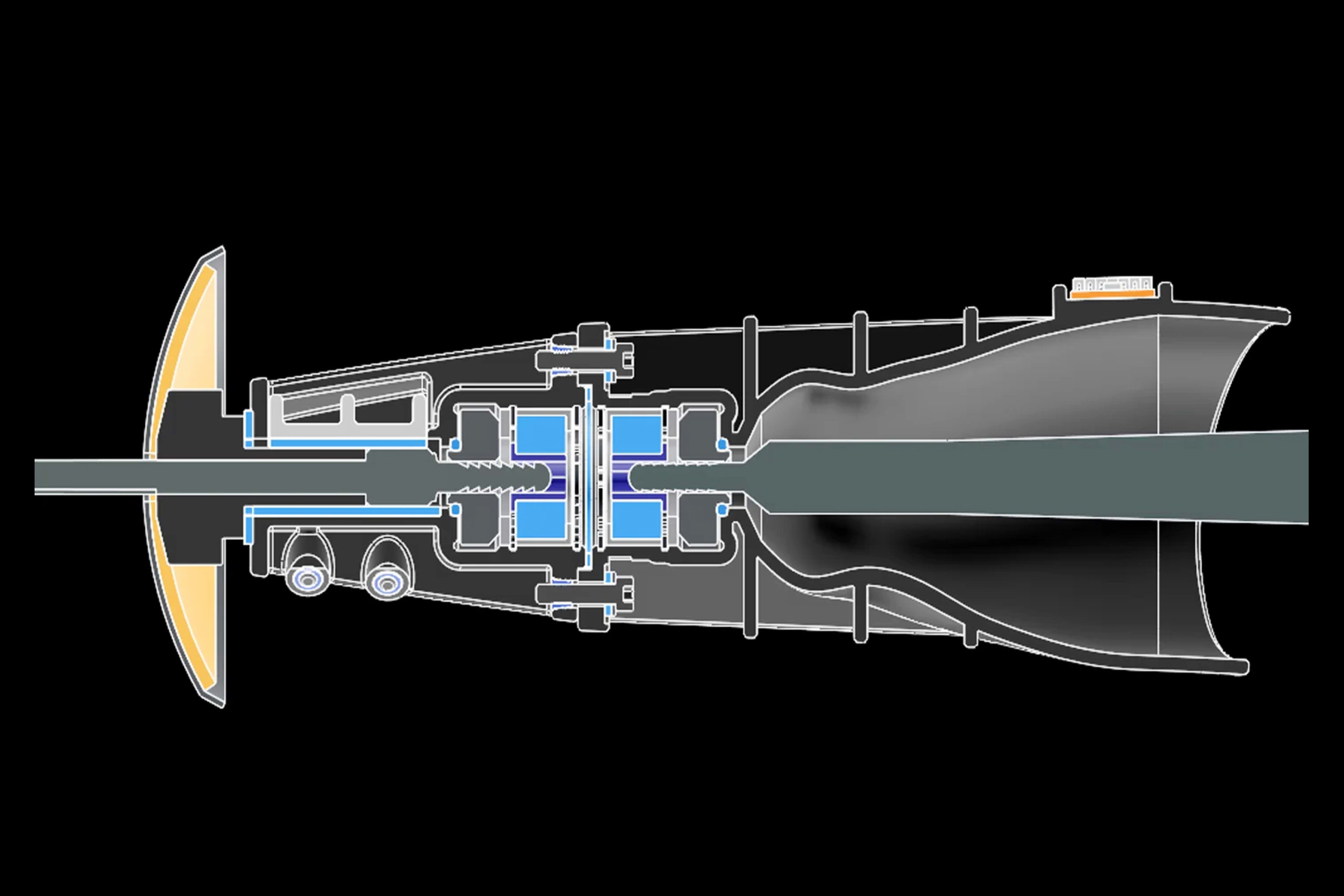 Cross-sectional drawing of Bebe Vio's new prosthetic. Blue highlights appear from the guard through the main body of the prosthetic to showcase where dampening components have been added.