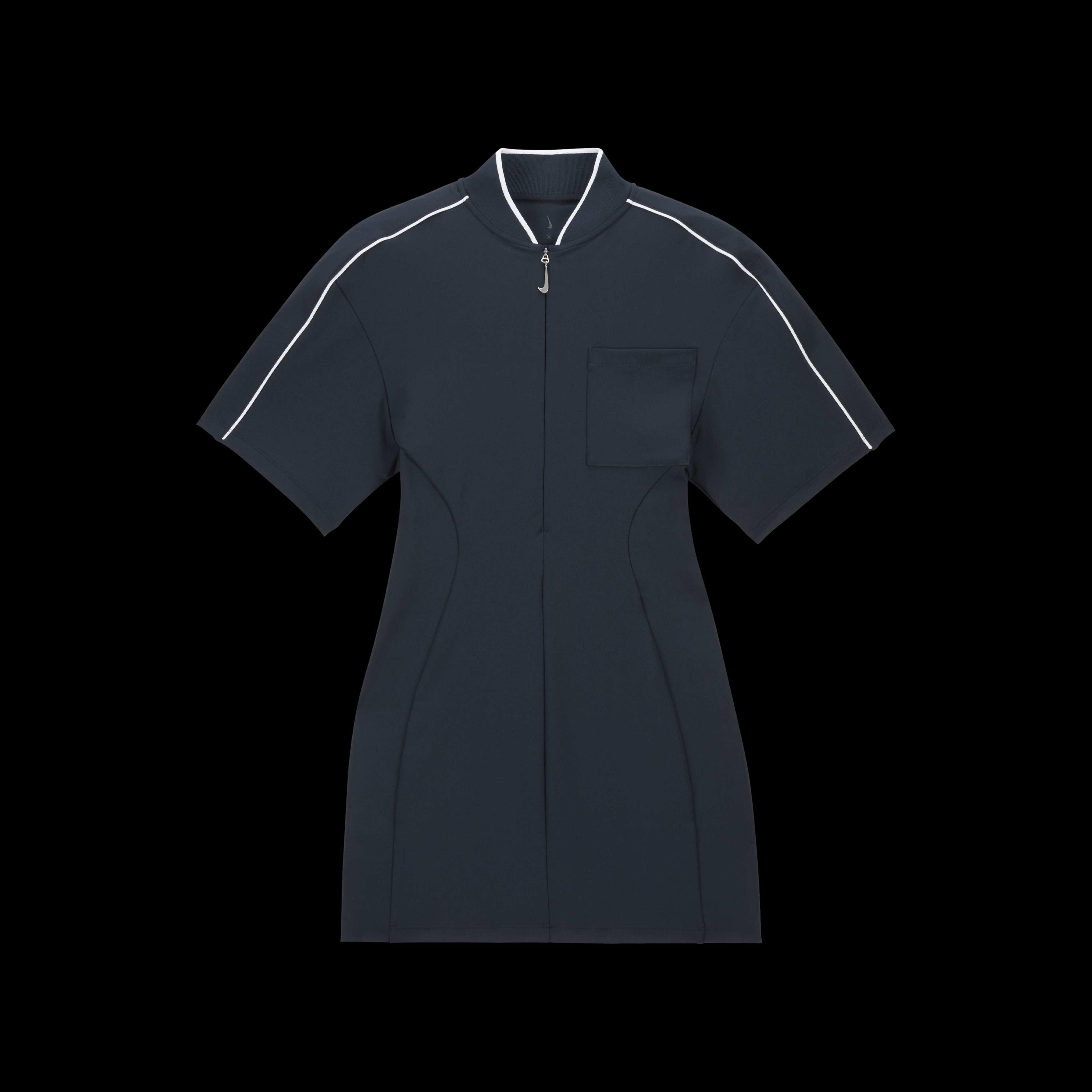 Overhead view of the Nike x Jacquemus Women's Dress in dark obsidian with white pinstripes at neck and across shoulders and sleeves. The zipper pull is white and in the shape of a Nike Swoosh. The short sleeve dress floats on a black background.