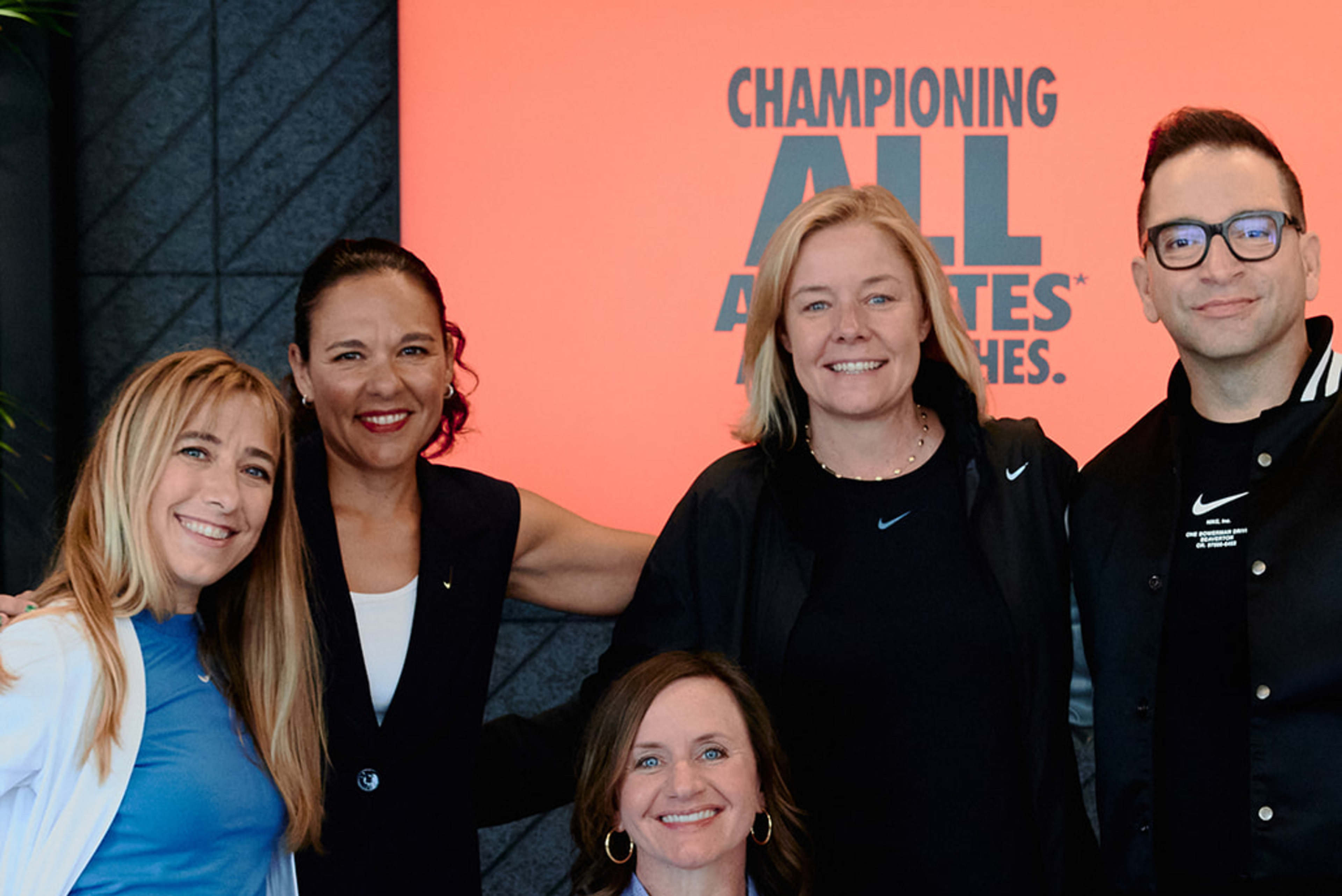 Nike and the USOPC announced their GameOn program at an event in Paris. From left to right, Sarah Reinertsen, Paralympian and Nike Lead Professional, Sports Marketing; Vanessa Garcia-Brito, Nike Chief Impact Officer; Sarah Hirshland, CEO, U.S. Olympic & Paralympic Committee; James Loduca, Nike Vice President, Diversity, Equity, Inclusion; seated is Dr. Cheri Blauwet, Paralympian and Sports Medicine Physician, Professor at Harvard Medical School, and Chief Medical Officer of Spaulding Rehabilitation/Mass General Brigham.