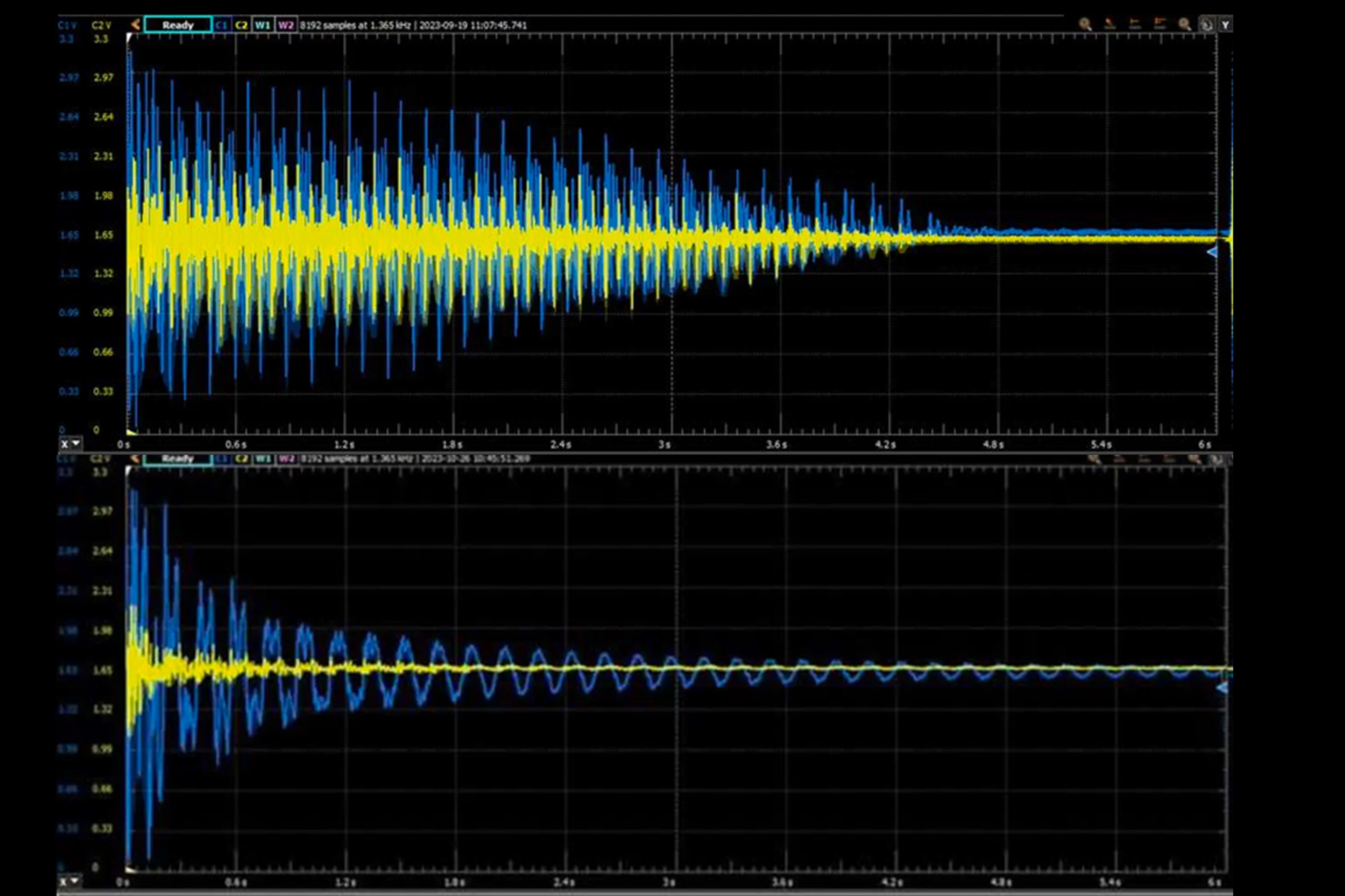 Stacked readouts of before and after vibration amounts, sit against a black background. The graphical data shows up in yellow and blue waves, and shows a dramatic reduction in vibrations in Bebe Vio's new prosthetic.