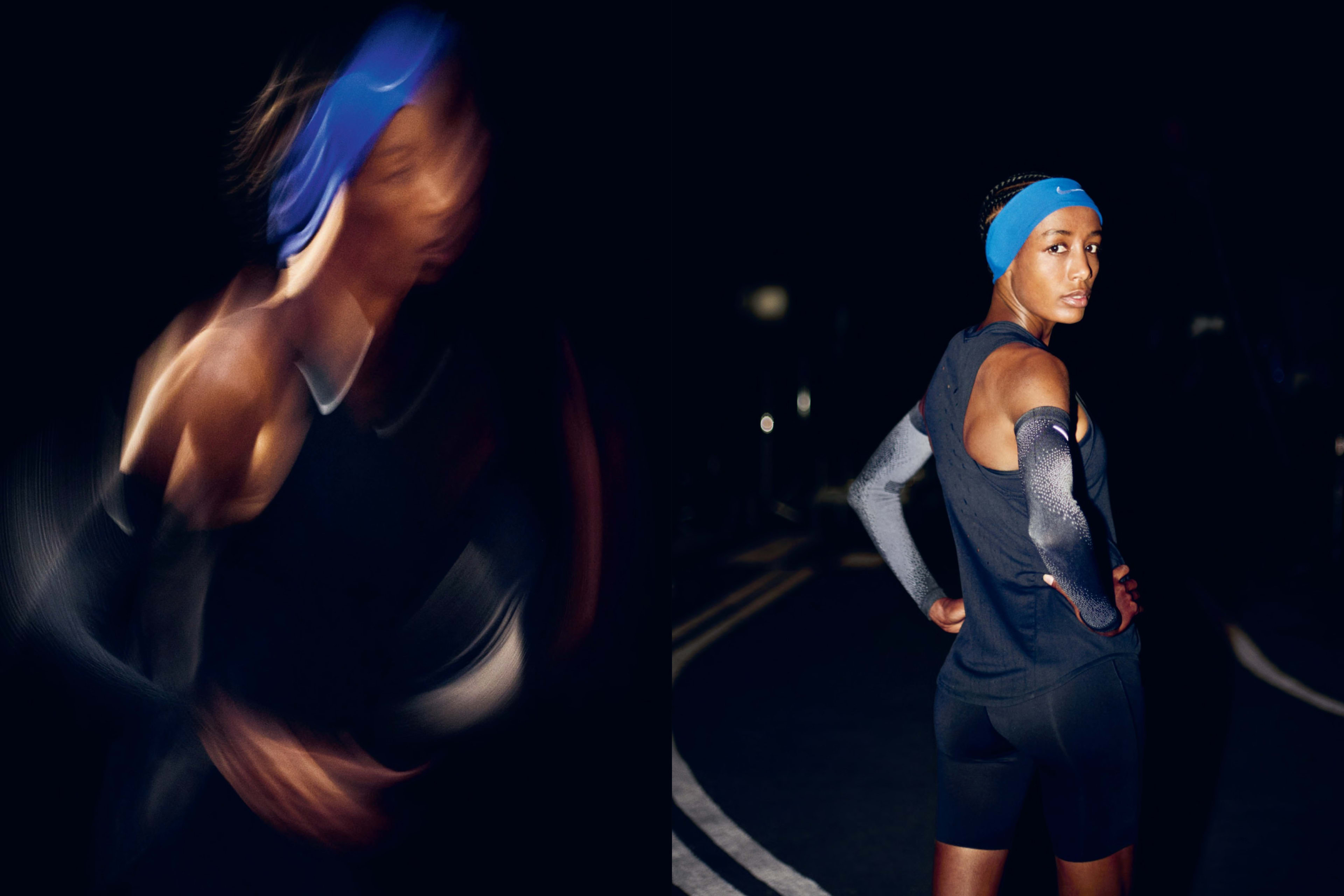 Two nighttime views of Dutch marathoner Sifan Hassan. On the left a blurred rightside view of her upper body with her hands on her hips. On the right a clear view of her looking over her shoulder at the camera with her hands on her hips at an outdoor track.