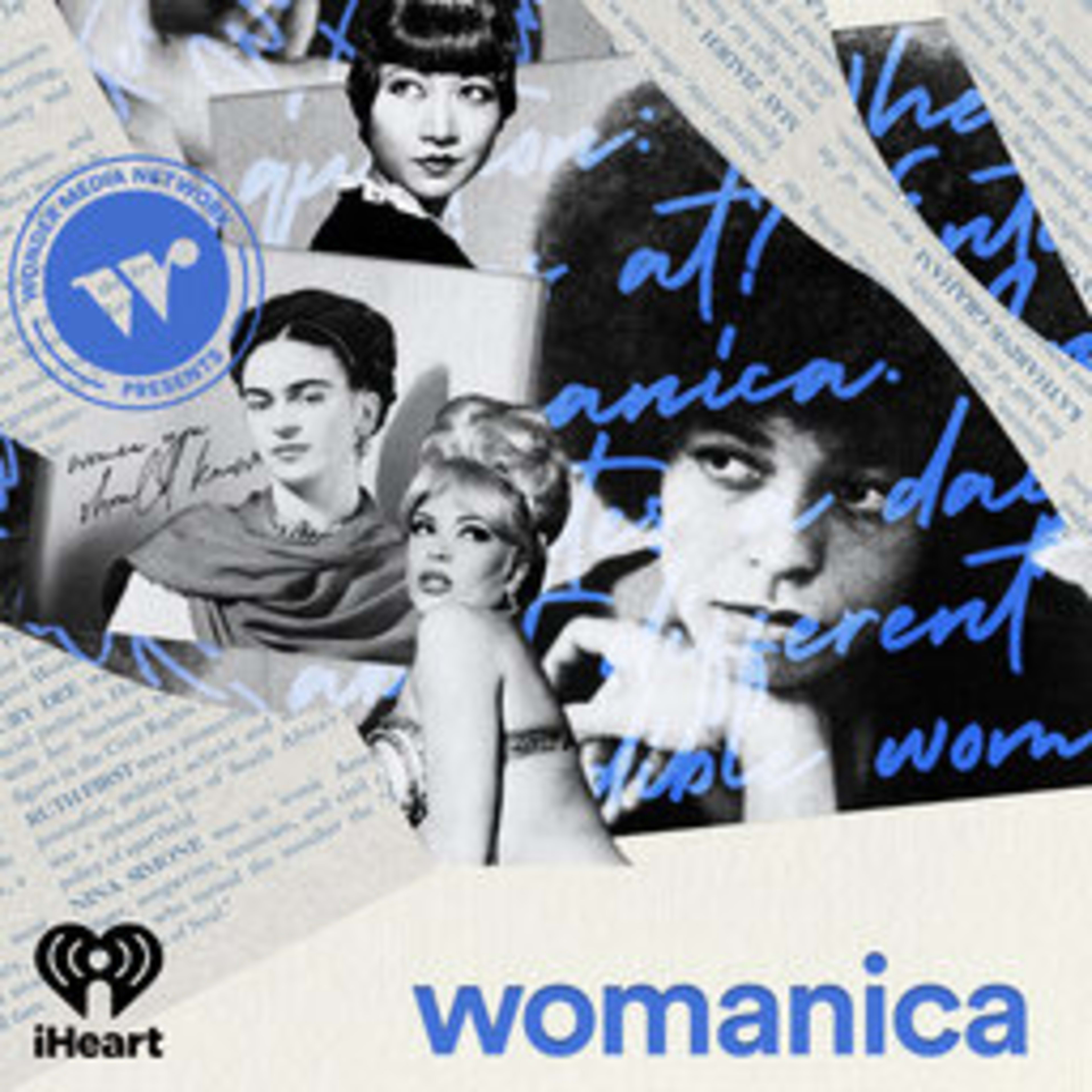 Womanica Podcast tile card, featuring a black and white collage of female icons with a blue womanica logo, wordmark, and writing details.