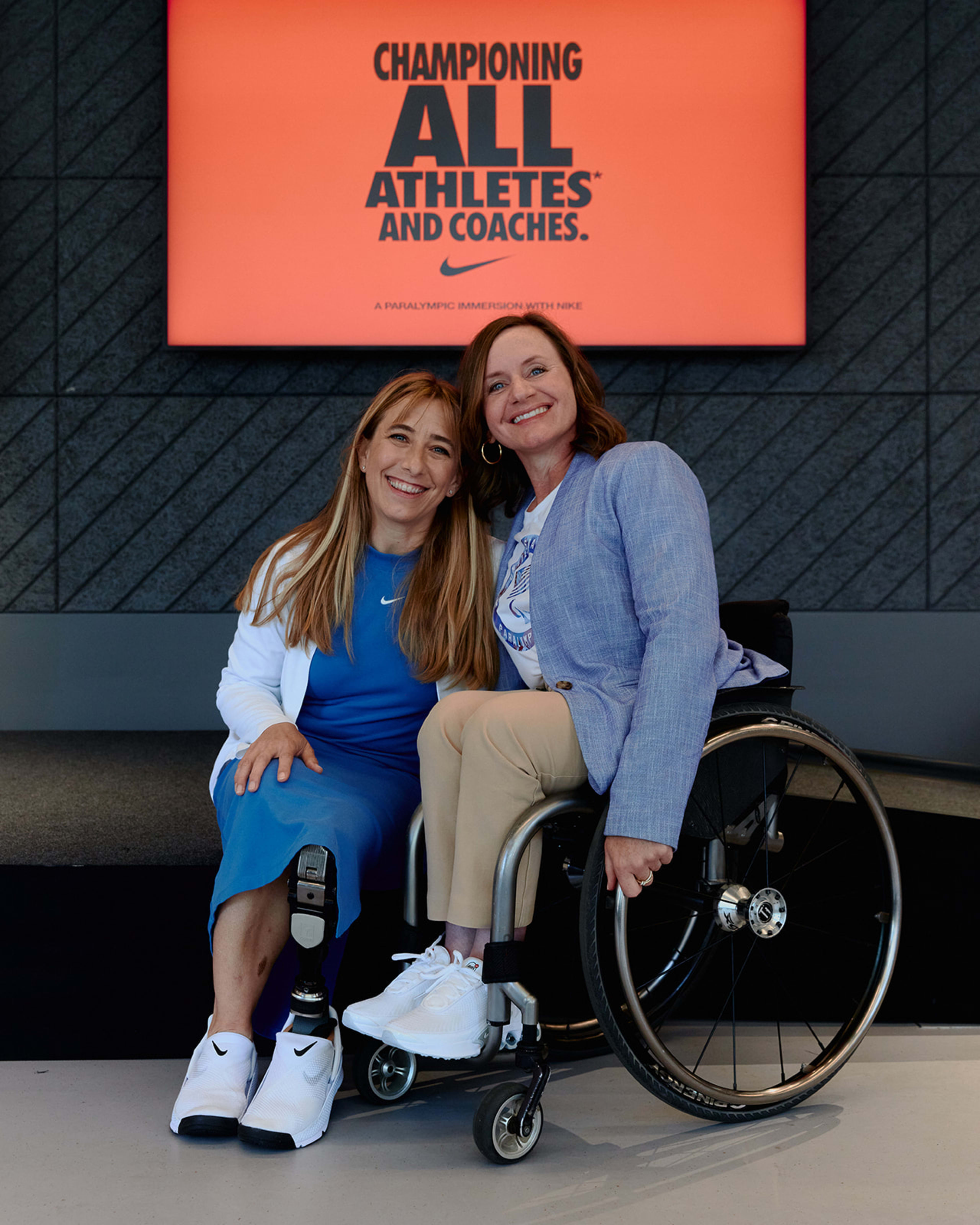 Sarah Reinertsen, Paralympian and Nike Lead Professional, Sports Marketing, and Dr. Cheri Blauwet, Paralympian and Sports Medicine Physician, Professor at Harvard Medical School, and Chief Medical Officer of Spaulding Rehabilitation/Mass General Brigham, at the Paris event announcing Nike's new program, GameOn.