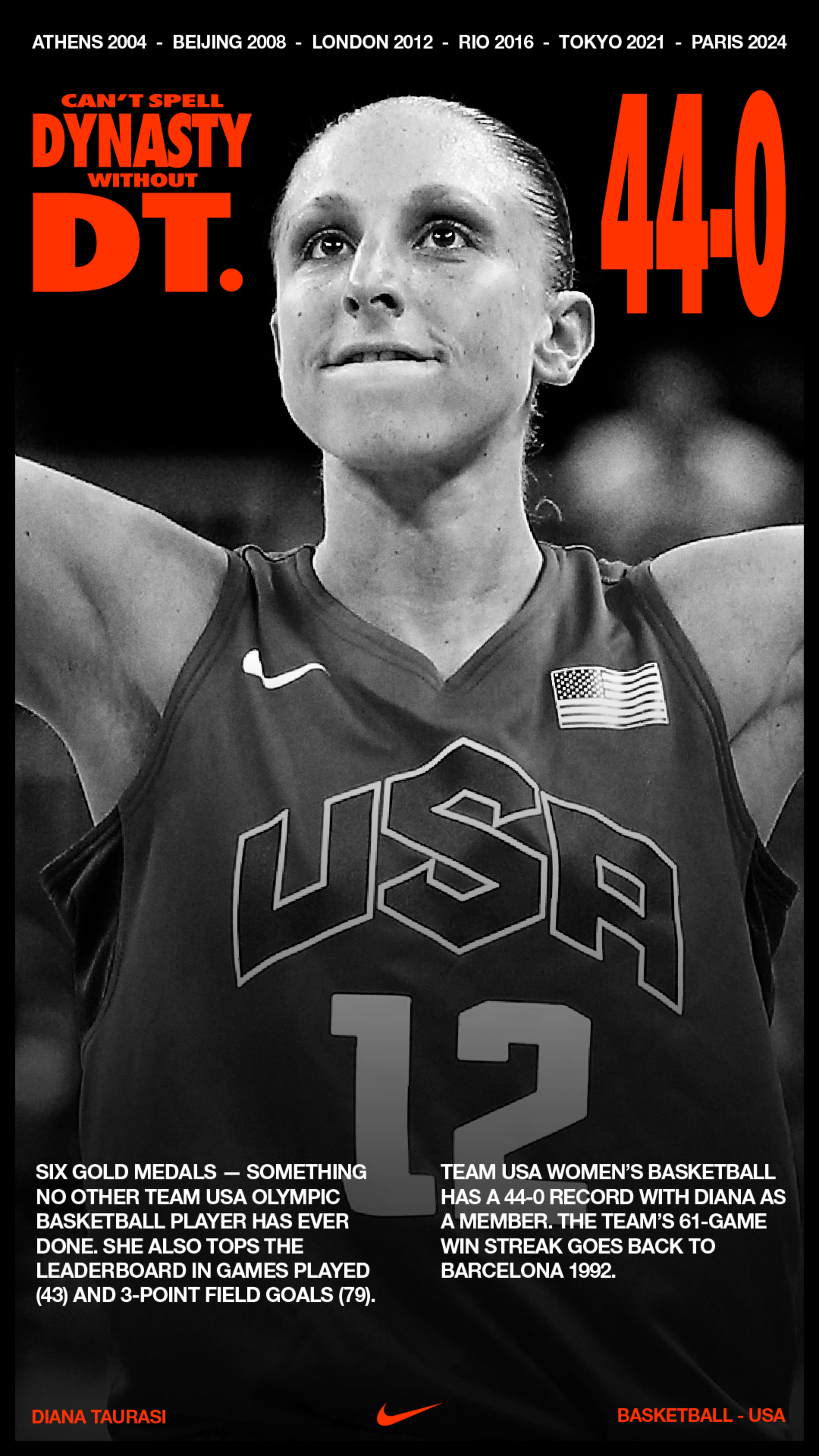 Vertical poster layout, featuring a black and white close up of Diana Tuarasi wearing the Team USA basketball jersey. Her face is flanked by red headlines reading, "Can't spell dynasty without DT." and "44 - 0"