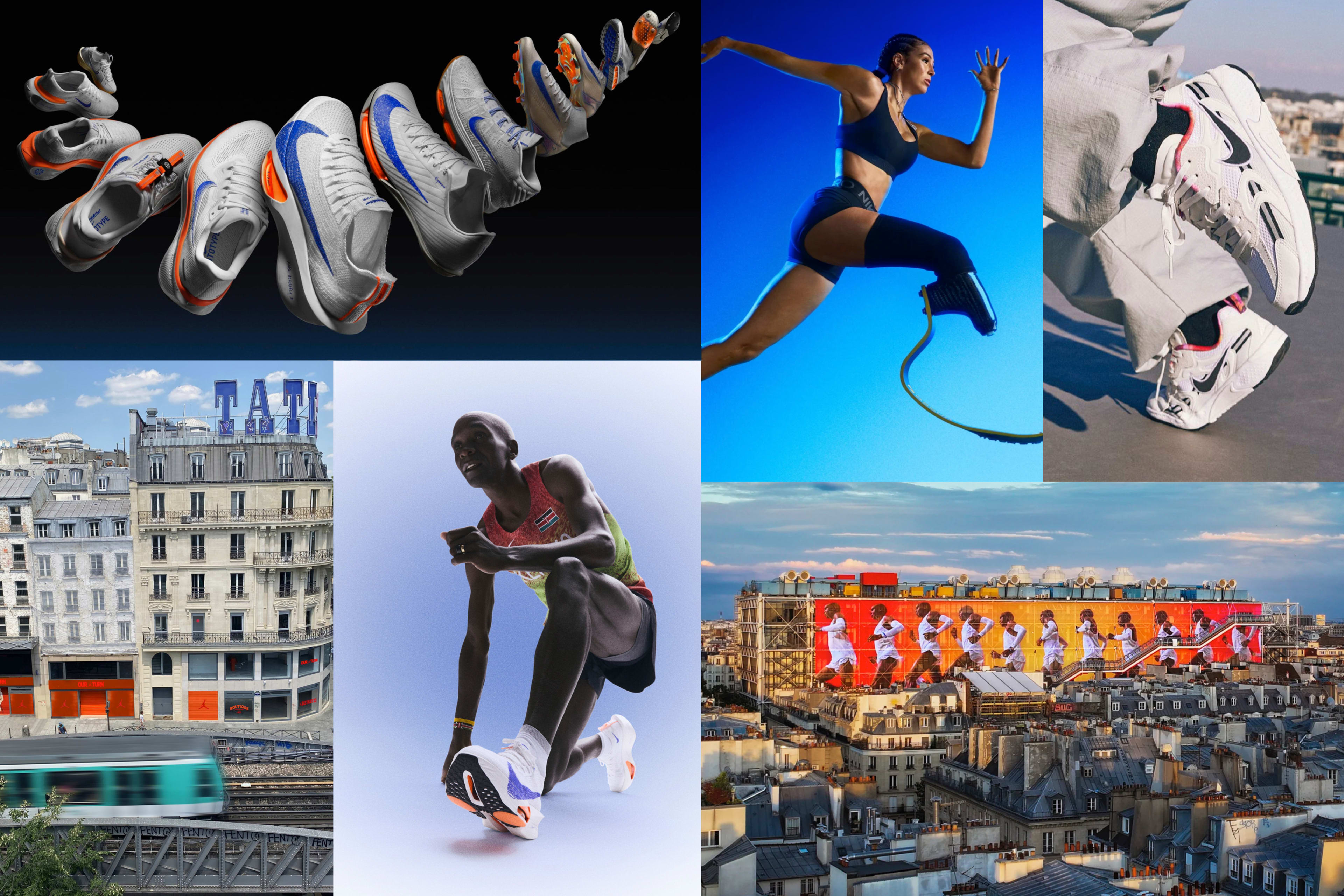 Image collage featuring nike products and nike athletes