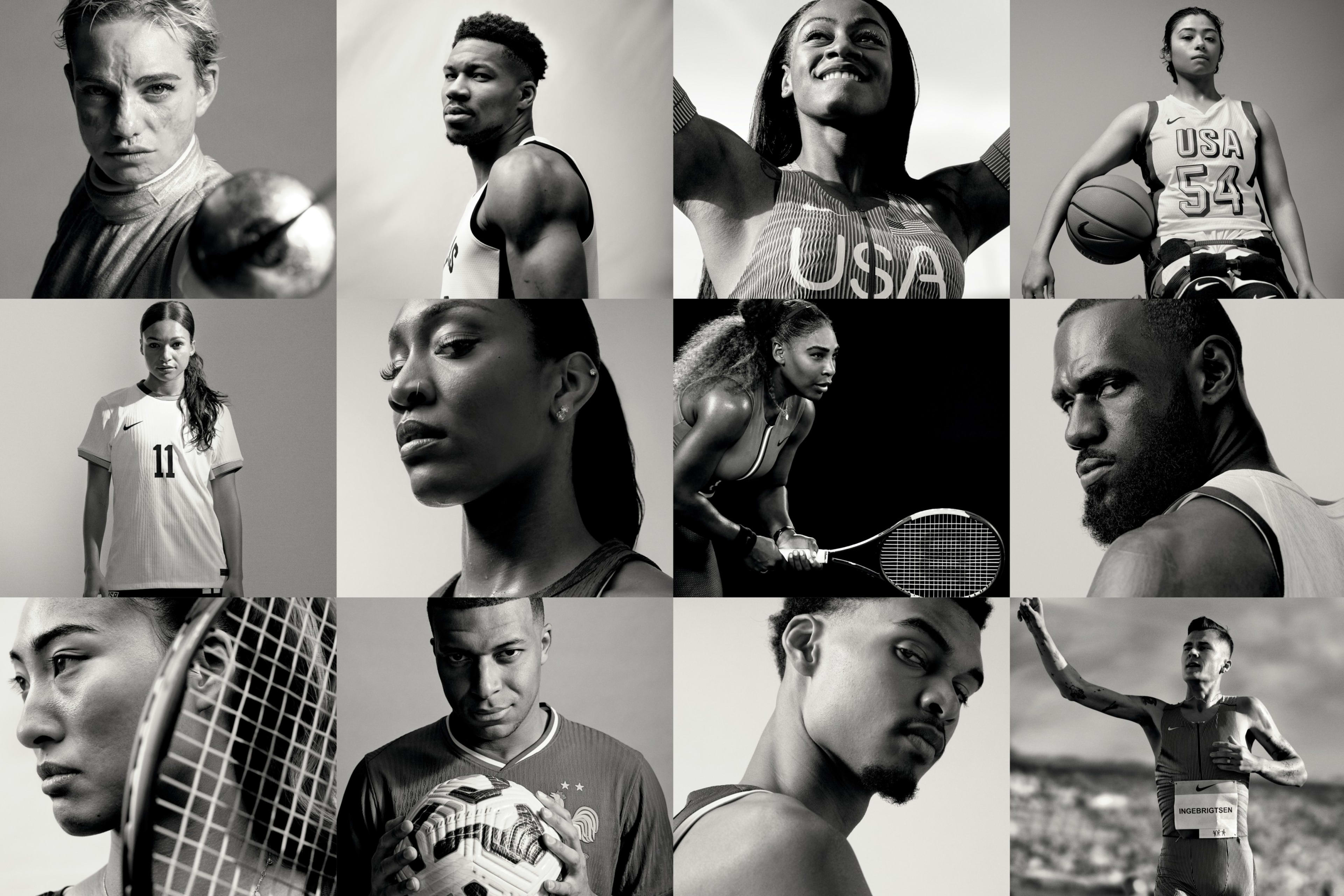 Black and white photo grid collage featuring many famous athletes in various poses.