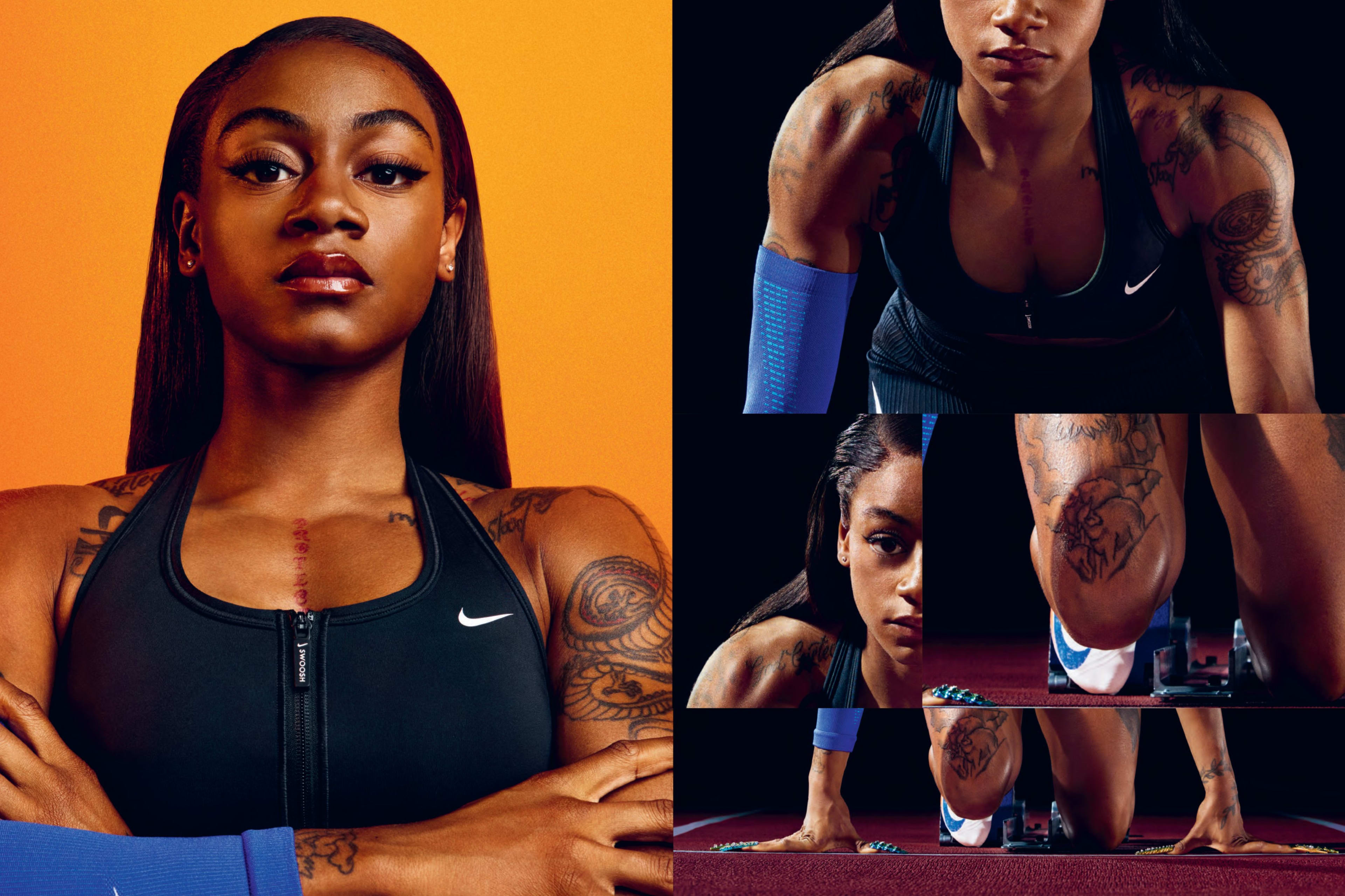 Grid of Sha'Carri Richardson images. One with her arms crossed looking directly into the camera and 4 other images showing different parts of her body as she is in the ready position at the starting line of a track. Shots of her body include her lower face and chest, right thigh, right side of her face, and her feet and hands touching the track while she is wearing the Nike Air Zoom Maxfly 2.