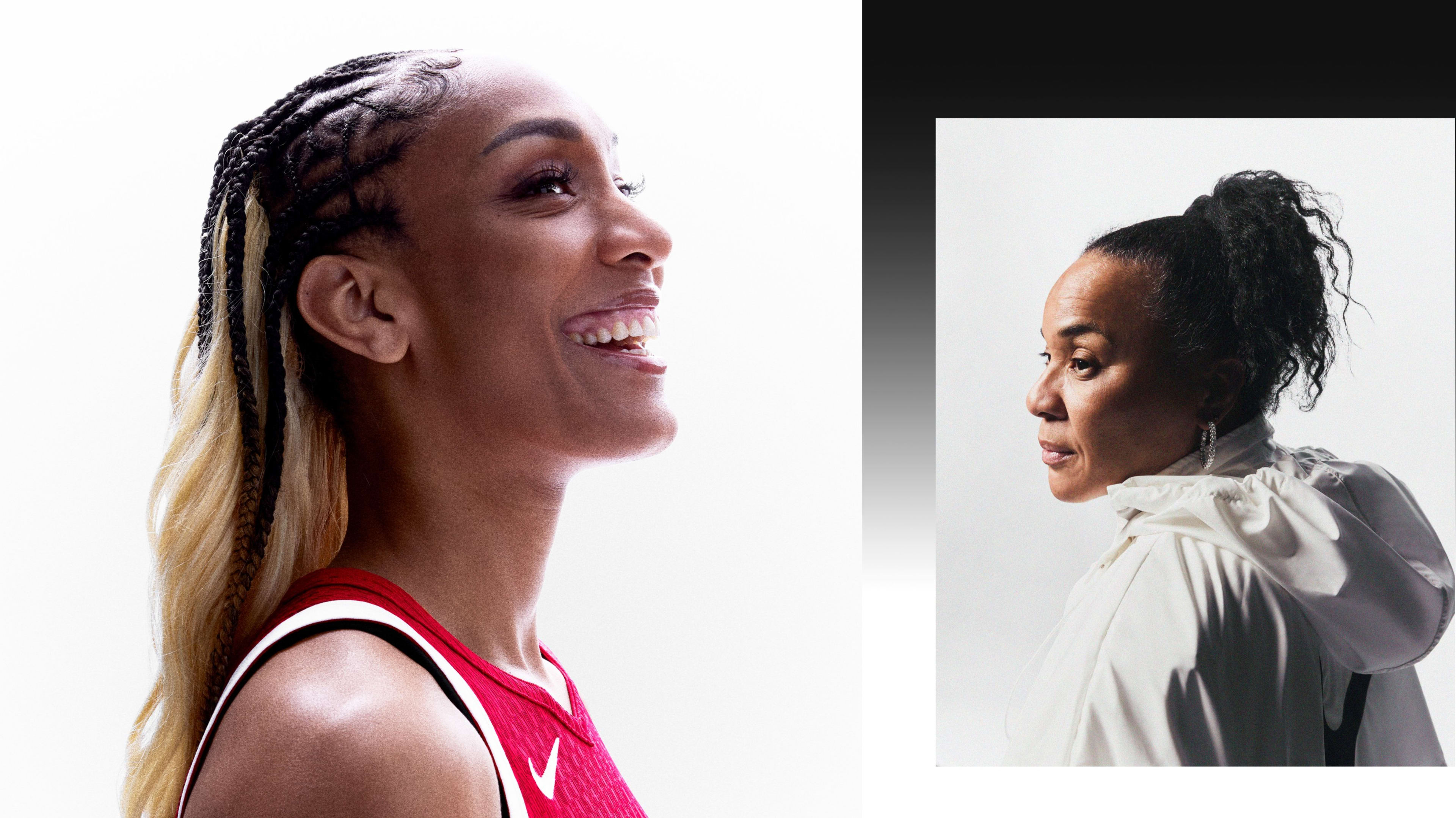 Side by side close up photos of A'ja Wilson and Dawn Staley. A'ja wears a red Nike Basketball jersey and smiles as she looks to the right.  Dawn wears a white Nike jacket, silver hoop earing, an her hair in a high ponytail as she looks to the right.