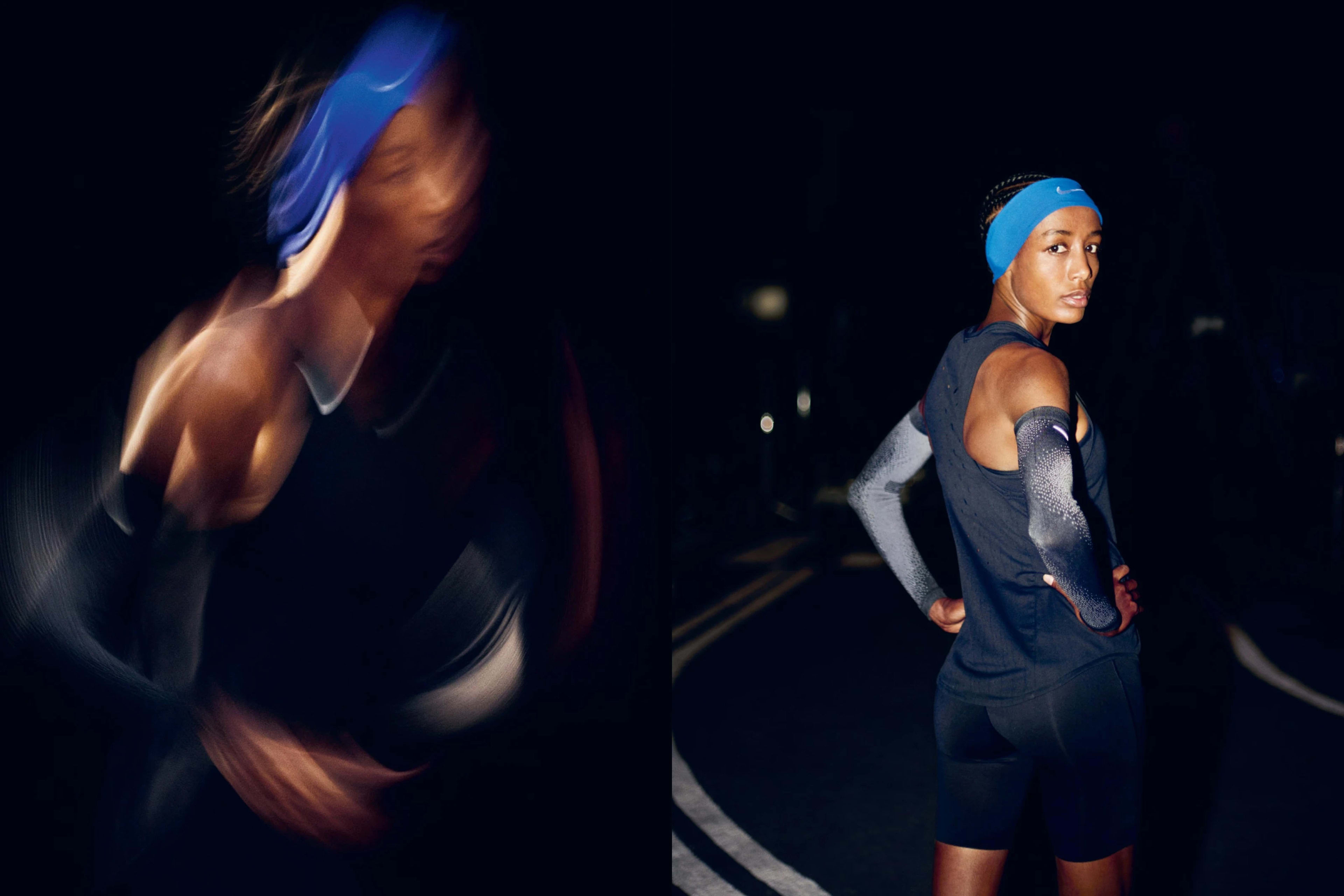 Side by side photos of Sifan Hassan taken at night. On the right, she looks back over her shoulder, wear navy running shorts and top, arm warmers, and a bright blue headband.  On the left, the photo has a blurred effect, while Sifan runs.