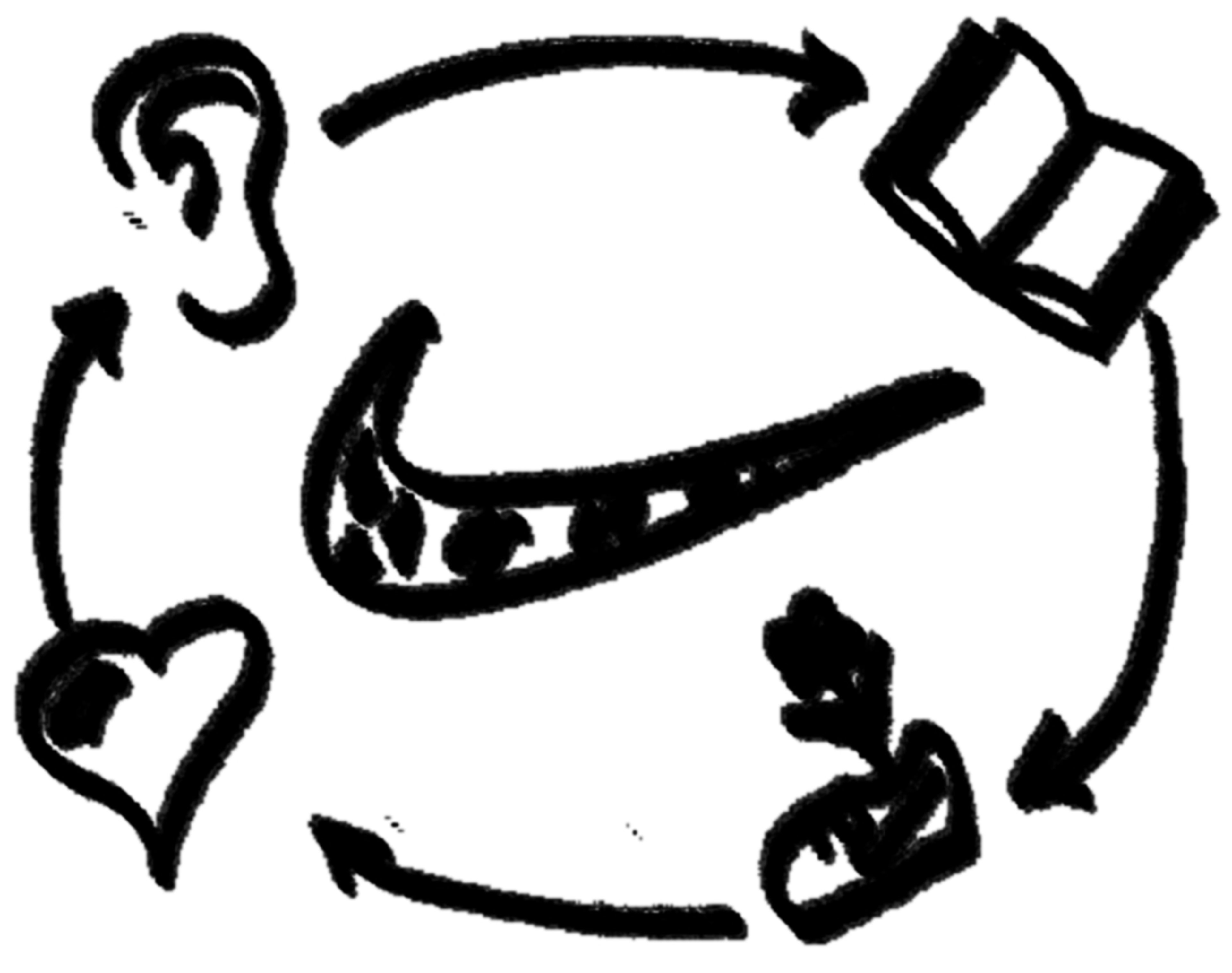 Illustration of a cycle diagram displaying a heart, pointing to an ear, pointing to a book, pointing to a shoe, pointing back to the heart, with a Nike Swoosh in the center.