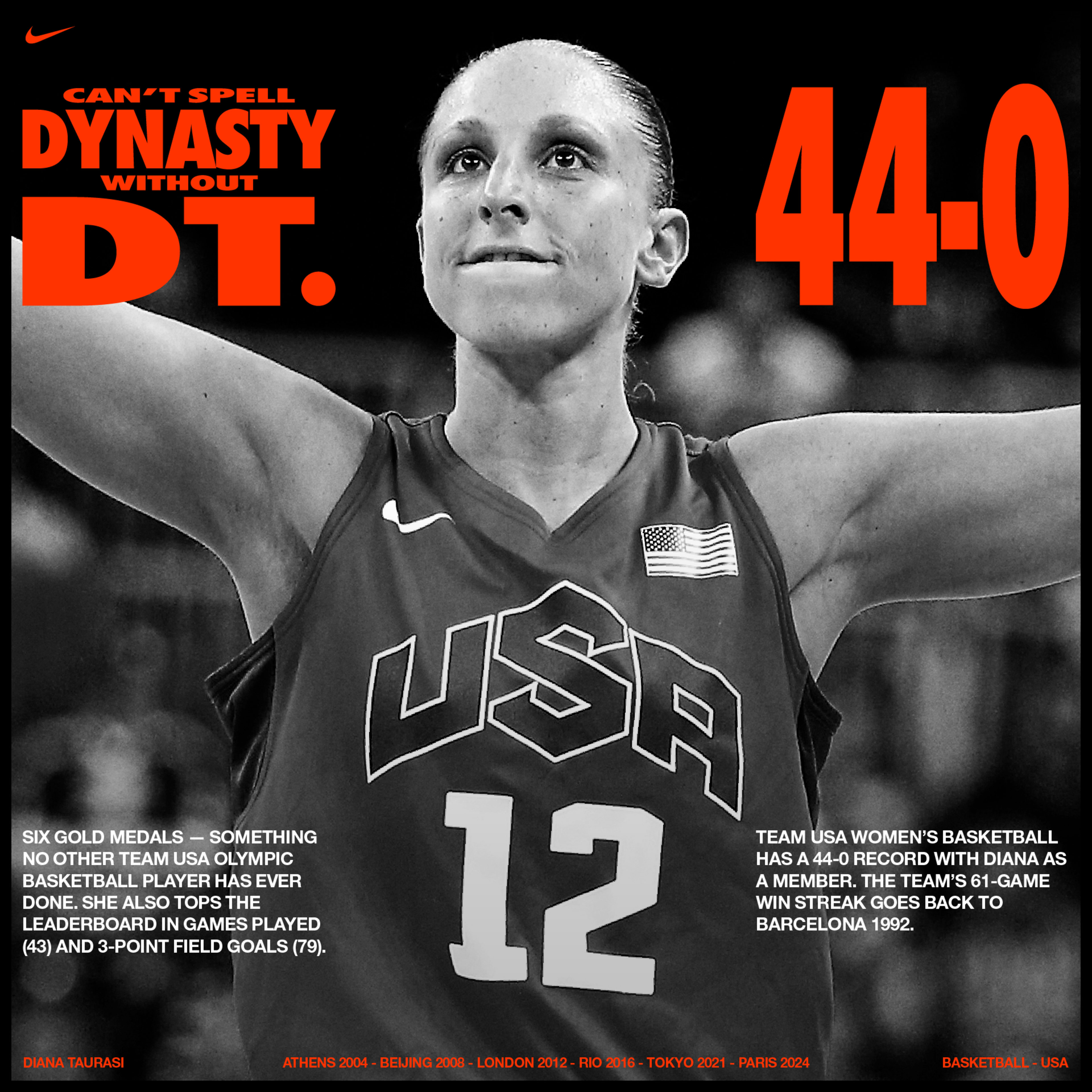 Square poster format. A black and white close up of Diana Tuarasi in her Team USA basketball jersey is layered with red headlines reading, "Can't spell dynasty without DT." and "44-0"