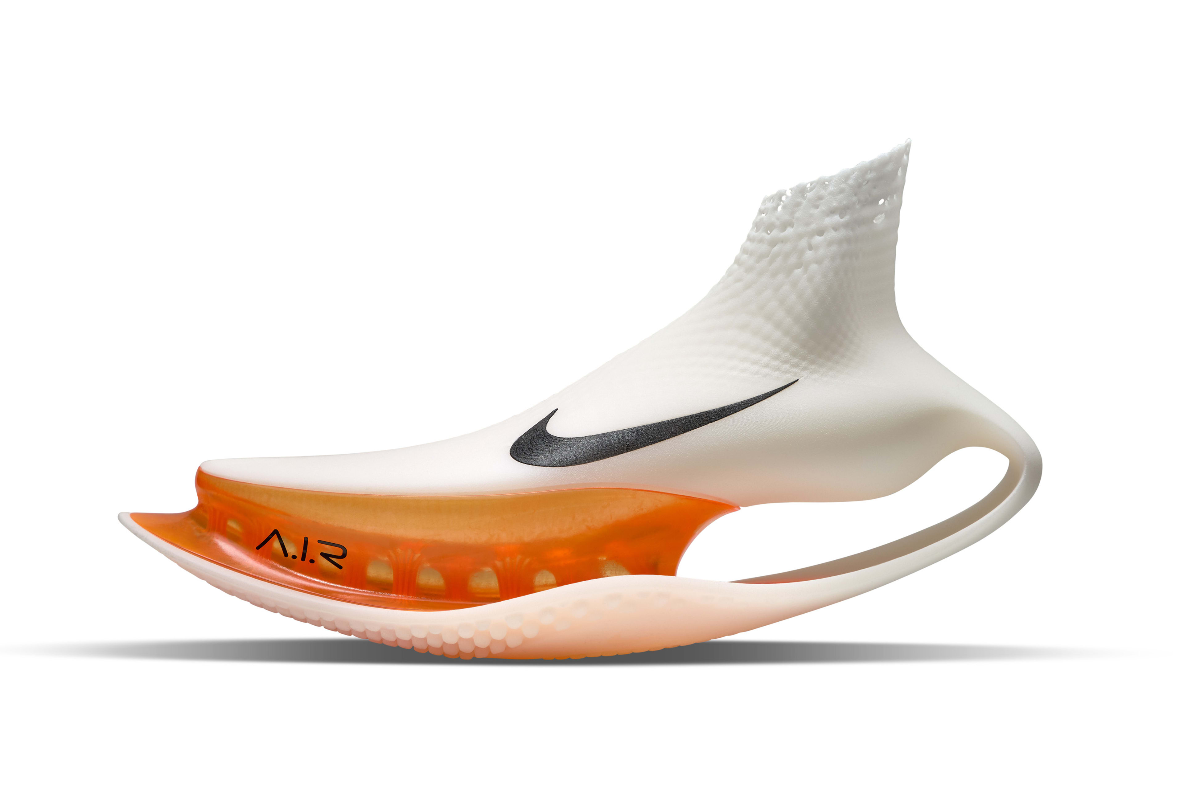 Left view of shoe concept in white for Eliud Kipchoge featuring a visible forefoot air unit detailed with sap like tensile fibers and a rocker throughout the beveled heel.