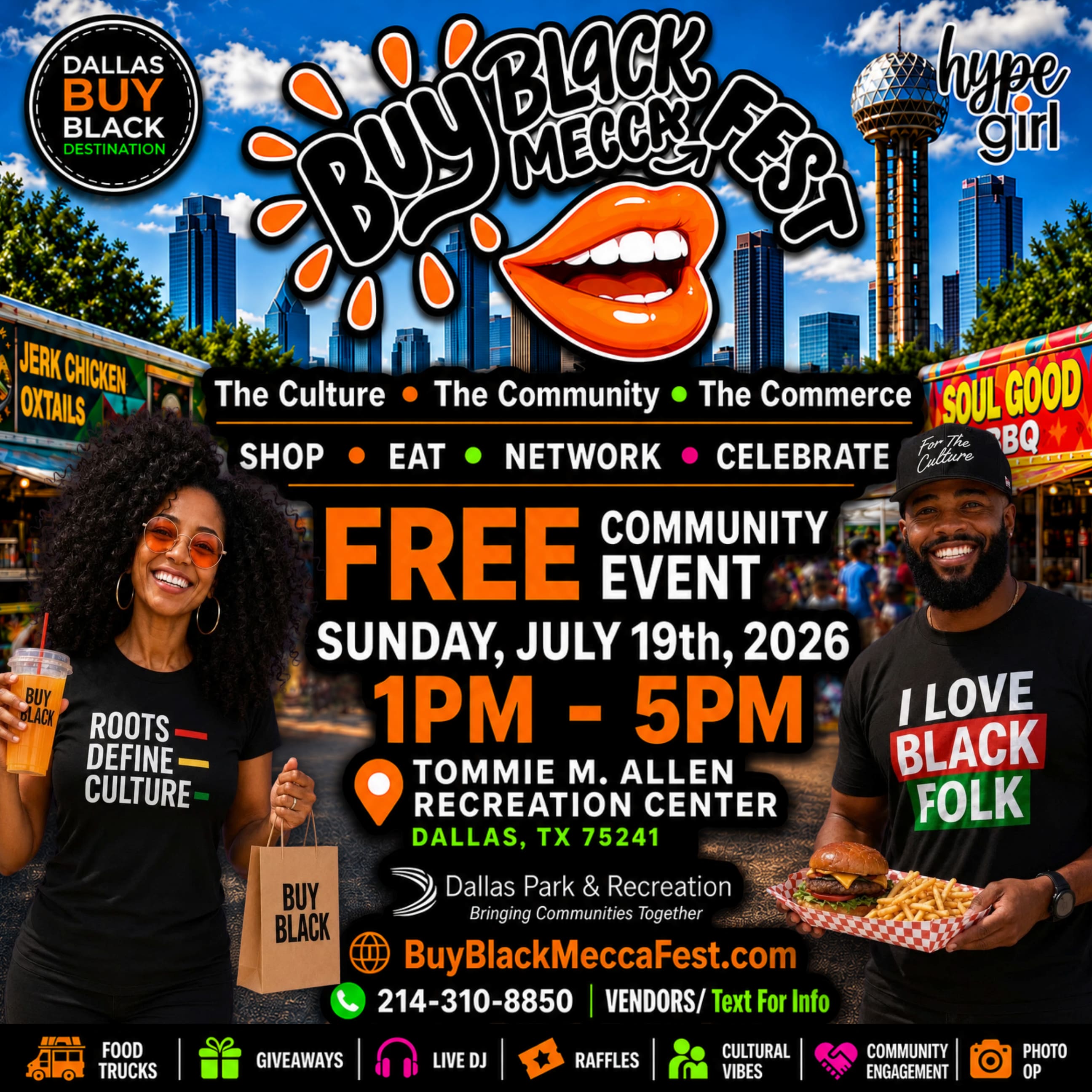 Buy Black Mecca Fest 2026 official event flyer — July 19, 1PM–5PM, Tommie M. Allen Recreation Center, Dallas TX. Free admission.